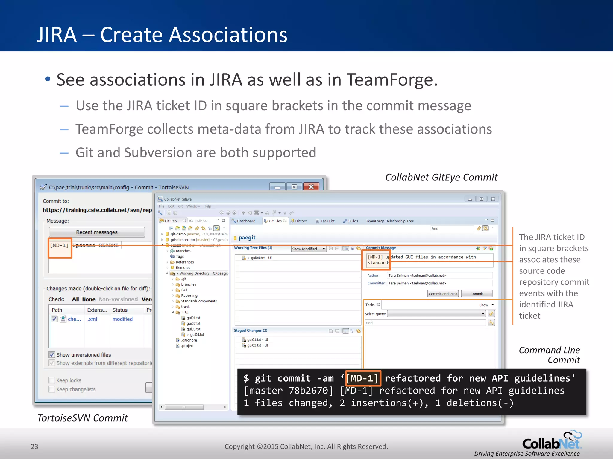 23 Copyright ©2015 CollabNet, Inc. All Rights Reserved.
Driving Enterprise Software Excellence
• Easily and conveniently view child cards of
Kanban cards
• Number of child cards (including both open
and closed) is shown in a gray circle at the
top right of the Kanban card
– Clicking on the gray circle showing the
number of child cards opens a scrollable list of
child cards, including up to five cards per page
Convenient Viewing of Child Cards
 