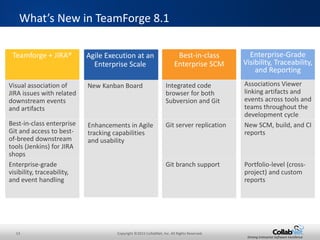 13 Copyright ©2015 CollabNet, Inc. All Rights Reserved.
Driving Enterprise Software Excellence
What’s New in TeamForge 8.1
Agile Execution at an
Enterprise Scale
New Kanban Board
TeamForge + JIRA®
Visual association of
JIRA issues with related
downstream events
and artifacts
Best-in-class
Enterprise SCM
Integrated code
browser for both
Subversion and Git
Enterprise-Grade
Visibility, Traceability,
and Reporting
Associations Viewer
linking artifacts and
events across tools and
teams throughout the
development cycle
Enhancements in Agile
tracking capabilities
and usability
Best-in-class enterprise
Git and access to best-
of-breed downstream
tools (Jenkins) for JIRA
shops
Enterprise-grade
visibility, traceability,
and event handling
Git server replication
Git branch support
New SCM, build, and CI
reports
Portfolio-level (cross-
project) and custom
reports
 