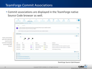26 Copyright ©2015 CollabNet, Inc. All Rights Reserved.
Driving Enterprise Software Excellence
• The new avatar service that runs throughout TeamForge (in
tracker boards, SCM, etc.) allows users to select personalized or
auto-generated avatars.
• Avatars connect TeamForge elements that use either user name
or email address-based identification to the user’s profile.
TeamForge User Avatars
New TeamForge avatars in
tracker and SCM screens
If no avatar is available, one is
created using the first letter of
the userid
 