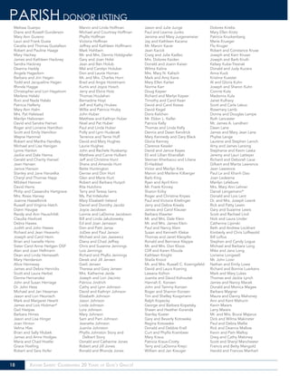 18 Xavier Saints: Celebrating 20 Years of God’s Grace!
Melissa Guerpo
Diane and Russell Gunderson
Mary Ann Gureno
Lauri and Frank Gusta
Cecelia and Thomas Gustafson
Robert and Pauline Haage
Mary Hachey
James and Kathleen Hackney
Sandra Hackney
Deanna Haddy
Angela Hagedorn
Barbara and Jim Hagen
Todd and Jacqueline Hagen
Rhinda Hagge
Christopher and Lori Hagstrom
Marlene Halabi
Roni and Nada Halabi
Patricia Halferty
Mary Ann Halm
Mrs. Pat Halstead
Marilyn Halvorsen
David and Sandra Haman
Roger and Lorraine Hamilton
Scott and Emily Hamilton
Wayne Hammel
Robert and Martha Handley
Michael and Lisa Hanigan
Lynne Hanlon
Jackie and Dale Hanna
Gerald and Charity Hansel
Jean Hansen
Janice Hanson
Stanley and Jane Hanzelka
Cheryl and Thomas Happ
Mildred Harover
David Harris
Philip and Cassandra Hartgrave
Mrs. Rosie Harvey
Joanne Hasselbrink
Russell and Virginia Hatch
Diann Haugse
Randy and Ann Hauschildt
Claudia Havlicek
Debra Hawes
Judith and John Hawes
Richard and Jean Heaverlo
Joseph and Carol Heim
Brian and Ivanelle Heins
Sister Carol Anne Heitgen OSF
Alan and Joan Hellmann
Dean and Linda Hemesath
Mary Henderson
Alice Hennessy
James and Debra Henricks
Scott and Laura Herbst
Donna Hernandez
John and Susan Herriage
Dr. John Hess
Michael and Jan Hessman
Jason and Lori Heunisch
Mark and Margaret Hewitt
James and Lois Hickman*
Gail Hietpas
Barbara Himes
Jason and Lisa Hingst
Joan Hinton
Velma Hlas
Brian and Sally Hlubek
James and Anne Hodges
Maria and Chad Hoefer
Grace Hoefing
Robert and Sara Hofer
Marvin and Linda Hoffman
Michael and Courtney Hoffman
Phyllis Hoffman
Victoria Hoffman
Jeffrey and Kathleen Hoffmann
Mark Hohbein
Mr. and Mrs. Dennis Holdgrafer
Gary and Joan Holst
Jean and Ben Holub
Mel and Carolyn Holubar
Don and Laurie Homan
Mr. and Mrs. Charles Horn
Brad and Angie Horstmann
Kurtis and Joyce Hosch
Jerry and Elvira Hotz
Thomas Houlahan
Bernadine Hoyt
Jeff and Kathy Hrubes
Willie and Patricia Hruby
John Huber
Matthew and Kathryn Huber
Noel and Pat Huber
Paul and Linda Huber
Polly and Lynn Hudecek
Terrence and Terrie Huff
David and Mary Hughes
Laurie Hughes
John and Rachele Huiskamp
Matthew and Carrie Hulbert
Jeff and Christine Hunt
Shane and Amanda Hunt
Bette Huntington
Denise and Don Hurt
Glen and Marie Hurt
Robert and Barbara Hurych
Rita Hutchins
Terry and Teresa Iiams
Ms. Pat Intlekofer
Mary Elizabeth Ireland
Daniel and Dorothy Jacobi
Joyce Jacobsen
Lonnie and LaDonna Jacobson
Bill and Linda Jakubowsky
Ed and Joan Jamason
Don and Patti Jansa
JoDee and Paul Janson
Michael and Jan Jasiewicz
Diana and Chad Jeffrey
Chris and Suzanne Jennings
Lois Jennings
Richard and Phyllis Jennings
Derek and Jill Jensen
Gwili Jensen
Theresa and Gary Jensen
Mrs. Katherine Jerde
Joseph and Lori Jiacinto
Patricia Jindrich
Cathy and Lynn Johnson
David and Kathryn Johnson
Elizabeth Johnson
Jason Johnson
Linda Johnson
Lora Johnson
Mary Johnson
Sam and Pam Johnson
Jeanette Johnson
Juanita Johnston
Phyllis Johnston Story and
Delbert Story
Donald and Catherine Jones
Robert and Jill Jones
Ronald and Rhonda Jones
Jason and Julie Junge
Paul and Leanne Junko
Jerome and Mary Jurgensmeier
Jay and Kathleen Kacena
Mr. Marvin Kacer
Jean Kacick
Craig and Julie Kadlec
Mrs. Dolores Kaiden
Donald and Joann Kaiser
Wilma Kalina
Mrs. Mary N. Kalisch
Mark and Amy Kane
Mary Ellen Karlan
Norma Karr
Doug Kayser
Richard and Marlys Kayser
Timothy and Carol Kean
David and Carol Keese
David Kegel
Doris Kelchen
Mr. Eldon L. Keller
Patricia Kelly
Thomas and Linda Kelly
Dennis and Dawn Kendrick
Mary Kennedy and Gary Black
Gloria Kenney
Clarence Kessler
David and Janice Keyes
Eli and Lillian Khairallah
Sleiman Kherbaoui and Liliane
El-Haddad
Victor and Marilyn Kies
Marvin and Marlene Kilberger
Barb King
Ryan and April Kinn
Mr. Frank Kinney
Sharon Kirby
Roger and Christine Kirpes
Paul and Victoria Kitelinger
Jerry and Debra Kiwala
James and Carol Klauser
Barbara Klawiter
Mr. and Mrs. Dale Klein
Mr. and Mrs. James Klein
Paul and Nancy Klein
Susan and Kenneth Klekar
Thomas and Janet Kleopfer
Ronald and Berniece Kleppe
Mr. and Mrs. Don Kloos
Cliff and Karen Klouda
Kathleen Knight
Sheila Knoot
Mr. and Mrs. Russell C. Koenigsfeld
David and Laura Koering
Lawana Kofron
Juanita and David Kohoutek
Hannah E. Konzen
John and Tammy Konzen
Roger and Sharron Konzen
Tim and Shelley Koopmann
Ralph Kopecky
George and Barbara Kopetsky
Shawn and Heather Koranda
Stanley Koster
Gary and Beverly Kotowske
Regina Kotowske
Donald and Debbie Krall
Curt and Phyllis Krambeer
Mary Kraus
Patricia Kraus-Crotty
Terry and LaDonna Krejci
William and Jan Kreuger
Dolores Kriebs
Mary Ellen Krotz
Patricia Kruckenberg
Marie Krueger
Flo Kruger
Robert and Constance Kruse
Joseph and Karri Kruser
Joseph and Barb Kruth
Kelsey Kuba-Tresnak
Donald and Judy Kucera
Anna Kuck
Kristine Kuester
Al and Gloria Kuhn
Joseph and Sharon Kuhn
Connie Kula
Madonna Kula
Janet Kulhavy
Scott and Carla Labus
Rosemary Lamb
Donna and Douglas Lampe
Ruth Lancaster
Mr. James A. Landherr
Dawn Lane
James and Mary Jean Lane
Phyliss Lange
Laurene and Stephen Lanich
Amy and James Lansing
Stephanie and Kevin Laska
Jeremy and Lauri Latteyer
Richard and Deborah Laue
Gilbert and Marita Lawrence
Jean Lawrence
Paul Le and Khanh Dao
Joan Ledesma
Marilyn Lefebure
Mrs. Mary Ann Lehner
Daniel Lengemann*
Donald and Lois Lent
Dr. and Mrs. Joseph Lesnik
Rick and Patty Lewin
Gary and Suzanne Lewis
Scott and Rachael Lind
Nick and Laura Linder
Catherine Lipinski
Beth and Andrew Lockhart
Kimberly and Chris Loffswold
Bill Loftus
Stephen and Cyndy Logue
Michael and Barbara Long
Mike and Jana Long
Lorraine Longwell
Mr. John Lorei
Nathan and Emily Lowe
Richard and Bonnie Luerkens
Mark and Mary Lukes
Thomas and Jackie Lynch
James and Nancy Macek
Donald and Monica Magee
Barbara Magner
Maura and Danny Mahoney
Ann and Kent Mahurin
Kevin Maiers
Larry Maiers
Mr. and Mrs. Bruce Majerus
Dick and Wilma Makinster
Paul and Debra Mallie
Rick and Deanna Mallow
Kevin and Pam Malloy
Greg and Cathy Maloney
Scott and Sheryl Manchester
Francis and Betty Mangold
Harold and Frances Manhart
PARISH DONOR LISTING
 