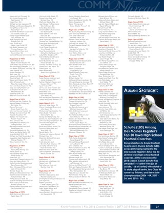 Xavier Foundation | Fall 2018 Common Thread | 2017-2018 Annual Report 27
James and Lori Conway SU
Ann Hudek Epstein and
Paul Epstein FR
Helen Flynn BU
Michael and Jan Jasiewicz FR
Michael and Barbara Klappholz BU
Diane McLane Ryan and
Patrick Ryan SU
Susan M. Nordstrom-Lopez and
Dr. Osvaldo Lopez LE
Cheryl Figge Petersen and
Gary Petersen SU
Barb Donnelly Pino and
Rodolfo Pino FR
Larry Schall and
Karen Foran Schall FR
Lisa Bader Swanson and
Thomas Swanson SU
Sandra Morris Urban and
Kevin Urban SU
Joel and Maureen Zimmerman FR
Regis Class of 1972
Gerald Beasler and
Marjio Houser Beasler FR
Julie Petska Day and Tom Day BU
Ron and Peggy Detweiler CO
Lori Maher Duffy and Tim Duffy FR
Patty Froehle SU
Robert Gardner FR
Mark Loes SU
Joseph and Rita Molitor FR
Roxanne Nash FR
Robert and Sharon Neilly FR
John O’Connell and
Mary Hennessy O’Connell SU
Dennis and Jan Redmond SU
Gary and Cathy Rozek CO
Dr. Stephen Runde and
Rachel Runde BU
Kimberly Smith FR
Mike and Connie Stusak FR
Regis Class of 1973
William and Sue Chadima SU
Jeanne Dessert Eichler and
Ed Eichler SU
Dennis Flynn and
Diane Rozek Flynn SU
John and Connie Fosdick SU
Michael and Carol Hook FR
Thomas Houlahan FR
Barbara Parr Hurych and
Robert Hurych FR
Mary Johnson FR
Kathy McGrath Kaiden and
Jeffery Kaiden* CH
Maureen Froehle Keate and
Steve Keate BU
Tom and Elizabeth Lilly SU
Daniel and Becky Martin FR
Janet Merfeld, M.D. CR
Michael and Deb Nunemaker SU
Jacqueline Haaf Peebler and
Michael Peebler FR
Robert and Ann Tow SU
Regis Class of 1974
John Herring and
Nancy Way Herring CO
Patrick Hook SU
Patricia Besta Hruby and
Willie Hruby FR
Karen Hult SU
Steven and Theresa Kokontis SU
Greg and Nancy Krejci FR
Kathy Dvorsky Nunemaker and
Dave Nunemaker FR
Mary Hennessy O’Connell and
John O’Connell SU
Richard Ropp SU
Jeffrey and Mary Scherrman SU
Sara Pedersen Schreiber and
Andy Schreiber FR
Phillip and Lauri Seidl SU
Joseph and Patty Strickland BU
Anita Collins Sullivan and
Robert Sullivan FR
Denise Heffern Votroubek and
Lee Votroubek SU
Regis Class of 1975
Beth Wernimont Barta and
David Barta FR
John and Linda Dowd FR
Teresa Edgar Dyer and
Michael Dyer FR
Mark and Wendy Eller LE
Jean Menzel Hoffmann and
Tom Hoffmann BU
Kathy Maas Klotz BU
Christine Morris Kolsrud and
Dan Kolsrud FR
Darla Dietrich Lowe and
Dan Low BU
James and Kathy McPartland BU
Janie Fagan Mills FR
Thomas and Pamela Mochal SU
Susan Vogl Nicholson and
Nick Nicholson SU
Linda Tressel Nowak and
Vince Nowak SU
Dave Nunemaker and
Kathy Dvorsky Nunemaker FR
Judy Miller Roedema FR
Kate O’Malley Sanders and
Steve Sanders FR
Karen Buresh Schulte and
Steven Schulte SU
Timothy and Barb Soukup SU
Daniel and Carla Taylor SU
David Triem FR
Mark Valliere and
Susan Herring Valliere CH
Regis Class of 1976
Susan Renner Anderson and
James Anderson FR
Kathryn Manhart Clauson and
Gregory Clauson FR
Carol Forbes FR
James and Janet Fosdick SU
Thomas and Ann Merfeld CH
Mark Miller CO
Dana Klein Miller and
John Miller BU
Rick and Michele Steepleton FR
Joseph and Greer Whitters CR
Regis Class of 1977
Larry and Susan Berns SU
Marcie Herzberger Bryant and
John Bryant SU
Michael and Kay Detweiler SU
Diane Rozek Flynn and
Dennis Flynn SU
Barney and Kathy Foley SU
Daniel and Joan Hackbarth CH
John and Meg Hesselmann BU
Tamra Fox Hingtgen and
Todd Hingtgen SU
Bruce and Jessica Jacobs SU
Patricia O’Brien Kelly and
Terry Kelly FR
Dennis Martin SU
Thomas and Suzanne Renner FR
Michael Riley SU
Mary Ann McGrath Rink and
John Rink SU
Frank Satariano and
Dorothy Peck Satariano FR
Jan Duffy Schneider and
Kevin Schneider SU
Mark and Anne Seidl BU
Julie Gunderson Trachta and
Marvin Trachta SU
Regis Class of 1978
Anonymous LE
Michael and Julie Blaser BU
Teresa Frank FR
Kay Johannes Hess and
Bradley Hess SU
Regis Class of 1979
Anonymous CH
Kathleen Lilly Curphey and
Richard Curphey SU
Christopher and Kaye Drahozal CH
Ann Erger FR
Robert Lynch and
Candy Langan Lynch SU
James and Cara Marek SU
Stacy Severa Martin and
David Martin FR
Laurie Sanborn Neuwohner and
Jon Neuwohner FR
Janice Clarahan Russell and
Jim Russell BU
Bernie and Marcia Schuller FR
Martin Steepleton FR
David Thinnes and
Karen Moeller Thinnes* LE
Regis Class of 1980
Pat Murray Airy and David Airy SU
John and Lora Breitbach SU
Lynn Salat Fisher and
Wendell Fisher FR
Melissa Foens Jackson and
Anthony Jackson BU
Joel and Lori Jensen SU
Tim and Jeanette Kregel SU
Richard and
Jacqueline Kullander SU
Clarice Snow SU
Jane Ritchie Wilson and
Douglas Wilson FR
Regis Class of 1981
Martha Gruenloh Beaudry and
Duane Beaudry SU
Mary Keefe Chizek and
Don Chizek LE
Tracey Cosgrove and
Chris Quinn CH
Sarah Donnelly Cotty and
Frank Cotty CH
Jim Hanson FR
William Hunter SU
Jeffrey and Sheryl Jacobsen SU
Chris and Suzanne Jennings FR
Mary Kennedy and Gary Black FR
Julie Marek Lammers and
Scot Brown CH
Dr. and Mrs. Joseph Martin SU
Lori Takes Stock and Dave Stock FR
Matthew and Ann Sullivan SU
Regis Class of 1982
Dennis and Melissa Fagan* LE
Theresa Gruenloh Fry FR
Ann Gamsky Fuxa and
Edward Fuxa FR
Jan Gamsky Hessman and
Michael Hessman FR
Mary McDonald Lang and
Lee Lang CH
Ann Petrzelka Mahurin and
Kent Mahurin FR
Edward and Karen Martin BU
Douglas Ropp and
Diane Fagan Ropp SU
Scott and Donna Sanborn SU
Robert and Kay Staudacher FR
Lisa Mason Wallerstedt and
Michael Wallerstedt BU
Margaret Weepie SU
Regis Class of 1983
Polly Zachar Boland and
Steve Boland BU
Christy Drahozal Bryant and
James Bryant FR
John Chadima SU
Patrick and Elaine Collins FR
Mary Hlas Gibney and
Jeffrey Gibney FR
Mary Burns Hasley and
John Hasley SU
Michael Hayek BU
Thomas and Jackie Lynch FR
Ellen Merfeld Morrow and
Jeff Morrow CH
Michael and Mary Parrish* CH
Matt and Teppie Schueller BU
Carol Steepleton Steingreaber and
Paul Steingreaber SU
Paul and Laura Sundell SU
Anne Gruber Thing SU
Michael and Julie Winker FR
Regis Class of 1984
Mark and Melinda Behounek SU
Maria Himes Busch and
Todd Busch FR
Gerald and Charity Hansel FR
Stephanie Schwach Laska and
Kevin Laska SU
Barbara Burns Miltner and
Mark Miltner SU
Rebecca Sullivan Myers and
Michael Myers FR
Lee Ann Takes O’Keefe and
Daniel O’Keefe FR
Chuck Parcell FR
Anton Petrzelka FR
Larry and Keri Pilcher SU
Amy Mochal Vega and
Carlos Vega FR
Joe and Karen Vondracek BU
Carmen McDonald Welch and
Steve Welch FR
Regis Class of 1985
Dan and Lisa Breitbach CO
Stephanie Chadwick BU
David and Wendy Downey SU
Julia Klein Griffiths and
Richard Griffiths FR
Lisa Rozek Hingst and
Jason Hingst FR
Ann Marie Vogl Jeffries and
Joe Jeffries CH
Donna Takes Lampe and
Douglas Lampe FR
Amy Melchert Lansing and
James Lansing FR
Diane Fagan Ropp and
Douglas Ropp SU
Mary Scherrman SU
Joseph and Marla Tursi BU
Lois Parks Vaske and
Scott Vaske FR
Beth Ahart Wolf and
Charles Wolf FR
Regis Class of 1986
Patrick Callanan and
Kara Denny Callanan CO
Mary Seidl Chicchelly and
Anthony Chicchelly BU
Patrick and Malora Cosgrove SU
Julie Holtz FR
Rachel Donnelly Ipsan and
Mark Ipsan BU
Jean Lawrence FR
Jennifer Erger Miller and
Jeff Miller SU
John Venteicher and
Jodi Simpson Venteicher FR
Ed Walter and
Kate Udermann Walter SU
Rob and Cathleen
Waterhouse FR
Julie Drilling Young and
Matthew Young FR
Lisa Kueter Zwanziger and
Scott Zwanziger SU
Regis Class of 1987
Kurt and Angie Breiling FR
Kara Denny Callanan and
Patrick Callanan CO
Amy Edgar Davis and
James Davis SU
Robert and Sara Drish SU
Cecelia Cavanaugh Gustafson
and Thomas Gustafson FR
Nicholas and Kathy Klein BU
Mary Topf FR
Jodi Simpson Venteicher and
John Venteicher FR
Suzanne Ryan Zahn and
David Zahn SU
Regis Class of 1988
Lori Simpson Brown and
Ray Brown FR
Lisa Muenchow Ducote FR
Jill McEnany Walsh and
Robert Walsh SU
Donna Ernst Weiss and
Greg Weiss SU
Regis Class of 1989
Thomas Drish and
Sara Beall Drish CH
Lisa Vogl Griffin and
Scott Griffin CH
Kim Hotchkiss and
Aaron Schulze SU
Kimberly Menke CH
Scott and Michelle Takes SU
Regis Class of 1990
Angie Nelson Cummings and
Chris Cummings FR
Jason Klein and
Jeanie Schulte Klein SU
Michele Matt BU
Brian Wilken SU
Sean and Wendy Williams BU
Regis Class of 1991
Barbara Sparks Klein and
James Klein CH
Dr. and Mrs. Joseph Lesnik FR
Kimberly Kadolph Loffswold and
Chris Loffswold SU
James and Jessica Martin SU
Bobbi Matt FR
Denise Pinchotti FR
David and Jodi Schimberg CR
Mary Hayek Watry and
Douglas Watry SU
Alumni Spotlight:
Schulte (L80) Among
Des Moines Register’s
Top 50 Iowa High School
Football Coaches
Congratulations to Xavier Football
head coach, Duane Schulte (L80),
on recently being named to the
Des Moines Register’s list of top 50
all-time Iowa high school football
coaches. At the conclusion the
2018 season, Coach Schulte has
amassed 191 career wins (25 at
LaSalle/166 at Xavier) with a total of
16 state playoff berths, two Class 4A
runner-up finishes, and three state
championships (2006 - 4A, 2017 -
3A, and 2018 - 3A).
 