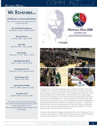 Xavier Foundation | Fall 2018 Common Thread | 2017-2018 Annual Report 33
Alumni News...
We Remember...
In Memory of Alumni & Friends
We continue to pray for the departed as well
as their loved ones.
Rev. Donald R. Bruggeman
November 8, 1935 – June 25, 2018
Beverly Hanson
June 25, 1928 – July 5, 2018
Kay Pitlik
April 18, 1931 – July 16, 2018
Janis Quinby
February 17, 1931 – May 11, 2018
Mary Boudreau (R67)
May 11, 1949 – July 10, 2018
Scott Buechel (L76)
December 16, 1957 – August 30, 2018
Karl Charipar (L67)
1949-June 27, 2018
Jack Hutchcroft (R66)
June 10, 1948 – August 16, 2018
Jim Kruse (L70)
April 10, 1952 – June 16, 2018
The names of alumni and special friends
who have recently entered eternal rest. Their
names are entered in to our
Memorial Prayer Book at Xavier High School
in the chapel.
On November 14, Xavier celebrated its annual Memorial Mass. This mass
is offered in remembrance of LaSalle, Regis and Xavier High School alumni,
former faculty and special friends who have entered eternal rest. The names
of the deceased were scrolled before and after Mass. The LaSalle-Regis-
Xavier Alumni Association and students hosted a small reception for loved
ones who were in attendance. Fr. Jack Flaherty from All Saints parish cele-
brated mass and shared an important Thanksgiving-themed message about
being truly thankful (and receptive) to the gifts we are given ... especially
the gift of life. View an interactive version of the name cloud of deceased
alumni, faculty and special friends (pictured above) in addition to the pro-
gram from the mass at XavierFoundation.org.
The name cloud takes the shape of Jesus’ face from the “Compassion” mu-
ral (which was created in 1994 by former XHS art teacher, Angie Tornabane)
and hangs at the end of our Foundation hallway here at Xavier.
 