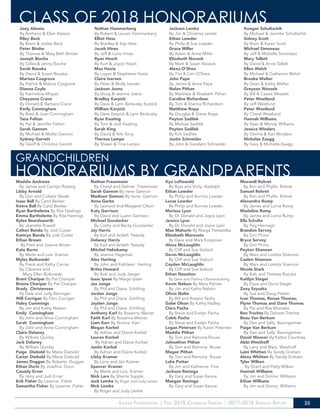 Xavier Foundation | Fall 2018 Common Thread | 2017-2018 Annual Report 35
CLASS OF 2018 HONORARIUMSJoey Alessio
By Anthony & Ellen Alessio
Riley Beck
By Brent & Jodee Beck
Peter Binder
By Thomas & Mary Beth Binder
Joseph Bioche
By Gilles & Jenny Bioche
Sarah Bouska
By David & Susan Bouska
Marissa Cosgrove
By Patrick & Malora Cosgrove
Dianna Coyle
By Karmelina Miquel
Cheyanne Crane
By Donald & Barbara Crane
Emily Cunningham
By Brad & Joan Cunningham
Tana Felton
By Pat & Jennifer Felton
Sarah Gannon
By Michael & Mollie Gannon
Sydney Garrett
By Geoff & Christine Garrett
Nathan Hammerberg
By Robert & Lauren Hammerberg
Elliot Hess
By Bradley & Kay Hess
Jacob Hines
By Jeff & Lorie Hines
Ryan Hosch
By Kurt & Joyce Hosch
Max Hoxie
By Logan & Stephanie Hoxie
Claire Iversen
By Peter & Molly Iversen
Jackson Joens
By Doug & Jeanne Joens
Bradley Karpick
By Dave & Lynn Benkusky Karpick
William Karpick
By Dave Karpick & Lynn Benkusky
Ryan Keating
By Tom & Jodi Keating
Sarah King
By David & Niki King
Theresa Lampe
By Shawn & Tina Lampe
Jackson Lemke
By Jim & Christine Lemke
Ethan Lowder
By Philip & Sue Lowder
Grace Miller
By Adam & Anne Miller
Elizabeth Novack
By Mark & Susan Novack
Alexa O’Shea
By Tim & Cari O’Shea
John Pape
By James & Anne Pape
Nolan Pithan
By Matthew & Elizabeth Pithan
Caroline Richardson
By Tom & Dianna Richardson
Matthew Ropp
By Douglas & Diane Ropp
Peyton Sadilek
By Melissa Sadilek
Peyton Sadilek
By Kirk Sadilek
Justin Schneider
By John & Geralynn Schneider
Keegan Schultschik
By Michael & Jennifer Schultschik
Sidney Scott
By Brian & Karen Scott
Michael Simoneau
By Jeff & Michelle Simoneau
Mary Tallett
By David & Anne Tallett
Ellen Welch
By Michael & Catherine Welch
Brooke Welter
By Dean & Kathy Welter
Greyson Wessels
By Bill & Cassie Wessels
Peter Westlund
By Jeff Westlund
Peter Westlund
By Cheryl Westlund
Hannah Williams
By Sean & Wendy Williams
Jessica Winders
By Dennis & Kari Winders
Nicholas Zaugg
By Gary & Michelle Zaugg
GRANDCHILDREN
HONORARIUMS BY GRANDPARENTSMaddie Andrews
By James and Carolyn Roberg
Libby Arnold
By Don and Coletta Slezak
Isaac Ball By Carol Becker
Keera Ball By Carol Becker
Ryan Bartheleme By Rita Hastings
Emma Bartheleme By Rita Hastings
Rylee Beardsworth
By Jeanette Russell
Colton Benda By Jodi Custer
Kamryn Benda By Jodi Custer
Ethan Brown
By Fred and Joanne Brown
Kate Burns
By Merle and Lois Kramer
Myles Butkowski
By Frank and Kathy Carriar
By Clarence and
Mary Ellen Butkowski
Brant Charipar By Pat Charipar
Briona Charipar By Pat Charipar
Brady Christensen
By Dale and Judy Barringer
Will Corrigan By Fern Corrigan
Haley Cummings
By Jim and Kathy Nelson
Emily Cunningham
By John and Anne Cunningham
Sarah Cunningham
By John and Anne Cunningham
Claire Delaney
By William Quinby
Jack Delaney
By William Quinby
Paige Diebold By Marie Diebold
Carter Diebold By Marie Diebold
James Duggan By Roberta Duggan
Ethan Durin By Josefina Durin
Cassidy Erner
By Jerry and Judi Erner
Erik Fisher By Laverne Fisher
Samantha Fisher By Laverne Fisher
Nathan Freesmeier
By Cheryl and Delmar Freesmeier
Sarah Gannon By Irene Gannon
Madison Gannon By Irene Gannon
Anna Garbe
By Leonard and Margaret Olson
Katy Garrison
By David and Luann Garrison
Michael Gundacker
By Corby and Becky Gundacker
Jay Harris
By Karl and Ardath Tweedy
Delaney Harris
By Karl and Ardath Tweedy
Mitchel Helmkamp
By Joanne Hageman
Alex Herting
By John and Kathleen Herting
Britta Howard
By Bob and Judy Jaeger
Isaac Ipsan By Marge Ipsan
Jax Junge
By Phil and Diana Schilling
Jordan Junge
By Phil and Diana Schilling
Jayden Junge
By Phil and Diana Schilling
Anthony Karl By Roxanna Weiner
Faith Karl By Roxanna Weiner
Liam Karr By Norma Karr
Megan Korbel
By Adrian and Elaine Korbel
Lauren Korbel
By Adrian and Elaine Korbel
Justin Korbel
By Adrian and Elaine Korbel
Libby Kramer
By Larry and Jan Kramer
Spencer Kramer
By Merle and Lois Kramer
Nick Lara By Sherrie Supple
Jack Lemke By Roger and Judy Lemke
Nick Lemke
By Roger and Judy Lemke
Kya Loftswold
By Russ and Vicky Kadolph
Ethan Lowder
By Philip and Burnita Lowder
Lucas Lowder
By Philip and Burnita Lowder
Marissa Lyon
By Dr. Donald and Joyce Lyon
Jessica Lyon
By Dr. Donald and Joyce Lyon
Mae Mahurin By Marge Petrezelka
Elizabeth Marovets
By Dave and Mary Koopman
Alexa McLaughlin
By Cliff and Sue Staloch
Devin McLaughlin
By Cliff and Sue Staloch
Cayden McLaughlin
By Cliff and Sue Staloch
Ethan Nasution
By Dave and Thelma Oberbroeckling
Kevin Nelson By Mary Palmer
By Jim and Kathy Nelson
Olivia Nolte
By Bill and Rosann Nolte
Gabe Olson By Kathy Hadley
Clara Pacha
By Steve and Evelyn Pacha
Caleb Pacha
By Steve and Evelyn Pacha
Logan Petersen By Karen Petersen
Maddie Pithan
By Tom and Ramona Rouse
Johnathon Pithan
By Tom and Ramona Rouse
Megan Pithan
By Tom and Ramona Rouse
Luke Potter
By Jim and Katherine Fine
Jackson Reninga
By Gary and Susan Keune
Maegan Reninga
By Gary and Susan Keune
Maxwell Rohret
By Ron and Phyllis Rohret
Samuel Rohret
By Ron and Phyllis Rohret
Alexandra Rump
By James and Lorna Rump
Madeline Rump
By James and Lorna Rump
Ella Schulte
By Peg Hennagir
Brandon Servoy
By Gini Pirino
Bryce Servoy
By Gini Pirino
Peyton Shannon
By Marv and Loretta Shannon
Caelen Shannon
By Marv and Loretta Shannon
Nicole Stark
By Bob and Theresa Ruzicka
Kaitlyn Steger
By Dave and Doris Steger
Zoey Szyszka
By Sue and Doug Patten
Ivan Thomas, Ronan Thomas,
Flynn Thomas and Dane Thomas
By Pat and Rita Wieneke
Ben Trachta By Delores Trachta
Beau Van Berkum
By Dan and Sally Baumgartner
Paige Van Berkum
By Dan and Sally Baumgartner
David Weaver By Kathie Courtney
Abbi Westhoff
By Larry and Mary Westhoff
Laini Whitten By Sandy Graham
Alexa Whitten By Sandy Graham
Tyler Wilken
By Grant and Patty Wilken
Hannah Williams
By Jim and Donna Williams
Ethan Williams
By Jim and Donna Williams
 