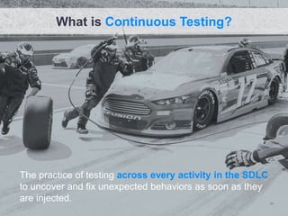 The practice of testing across every activity in the SDLC
to uncover and fix unexpected behaviors as soon as they
are injected. 11
What is Continuous Testing?
 