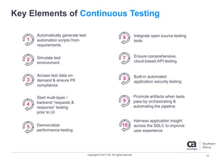 Copyright © 2017 CA. All rights reserved.
Key Elements of Continuous Testing
Automatically generate test
automation scripts from
requirements
1
2 Simulate test
environment
3
Access test data on-
demand & ensure PII
compliance
4
Start multi-layer /
backend “requests &
response” testing
prior to UI
5 Democratize
performance testing
Integrate open source testing
tools
6
7 Ensure comprehensive,
cloud-based API testing
8 Built-in automated
application security testing
9
Promote artifacts when tests
pass by orchestrating &
automating the pipeline
10
Harness application insight
across the SDLC to improve
user experience
12
 