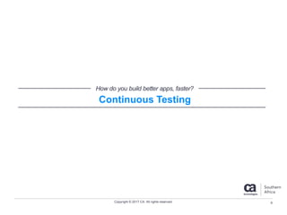 Copyright © 2017 CA. All rights reserved.
Continuous Testing
How do you build better apps, faster?
6
 