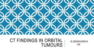 CT FINDINGS IN ORBITAL
TUMOURS
-R.SREENUPRIYA
86
 
