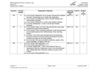 Mobile Application Testing, Foundation Level
Exam ID: A
Sample Exam – Answers
International
Software Testing
Qualifications Board
Version 1.1 Page 11 of 20 January 24, 2020
© International Software Testing Qualifications Board
Question Correct
Answer
Explanation / Rationale Learning
Objective
(LO)
K-level Number
of
Points
14 d a) Is not correct: Statement i Is not correct: because the software
has been implemented as a mobile-web application.
b) Is not correct: as statements i and iv are fault tolerance for
user-initiated interrupts.
c) Is not correct: Statement iv is not a user-initiated interrupt.
d) Is correct: Statements ii, iii and v are all user-initiated
interrupts.
MAT-2.1.7 K3 1
15 c a) Is not correct: There is no hint in the text that the users have
experienced performance problems.
b) Is not correct: There is nothing mentioned in the text that users
are complaining about the malfunctioning of the scanning
feature.
c) Is correct: This is the most important test to be performed,
because missing or incorrect access permissions may be a
possible root cause for the fixed problem.
d) Is not correct: The users are able to install the update of the
app successfully, as stated in the text.
MAT-2.1.8 K3 1
16 c a) Is not correct: See justification in c).
b) Is not correct: See justification in c).
c) Is correct: Statements i, ii and v are functional tests, as
mentioned in the text. Statements iii and iv are non-functional
tests. Additionally, their execution makes no sense in this
context.
d) Is not correct: See justification in c).
MAT-2.2.1 K3 1
 