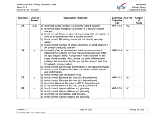 Mobile Application Testing, Foundation Level
Exam ID: A
Sample Exam – Answers
International
Software Testing
Qualifications Board
Version 1.1 Page 14 of 20 January 24, 2020
© International Software Testing Qualifications Board
Question Correct
Answer
Explanation / Rationale Learning
Objective
(LO)
K-level Number
of
Points
23. a, b a) Is correct: Code injection is a security related concern
b) Is correct: Data encryption at transfer is a security related
concern
c) Is not correct: Since an app not responding after interruption is
more of an operational than a security concern
d) Is not correct: Rendering issues are not directly security-
related
e) Is not correct: Overlap of screen elements on small screens is
not directly a security concern
MAT-3.1.3 K2 1
24. a a) Is correct: Only an instrumented build can provide exact
chronometric numbers on how long a processing step within
the app actually lasted. A stop watch is not sufficient in the
range of milliseconds. Also, it does not allow differentiation
between the time taken by the app, by the backend and time
for network communication.
b) Is not correct: Server-side performance is not app performance
c) Is not correct: Emulator/Simulator can never provide correct
app performance
d) Is not correct: See justification in a).
MAT-3.1.4 K1 1
25. c a) Is not correct: Because this step is to be performed.
b) Is not correct: Because this step is to be performed.
c) Is correct: Because this step is NOT to be performed.
d) Is not correct: Because this step is to be performed.
MAT-3.1.5 K3 1
26. c a) Is not correct: As per syllabus and glossary.
b) Is not correct: As per syllabus and glossary.
c) Is correct: As per syllabus and glossary.
d) Is not correct: As per syllabus and glossary.
MAT-3.1.6 K1 1
 