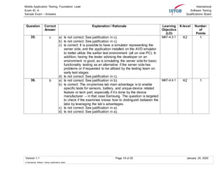 Mobile Application Testing, Foundation Level
Exam ID: A
Sample Exam – Answers
International
Software Testing
Qualifications Board
Version 1.1 Page 18 of 20 January 24, 2020
© International Software Testing Qualifications Board
Question Correct
Answer
Explanation / Rationale Learning
Objective
(LO)
K-level Number
of
Points
35. c a) Is not correct: See justification in c).
b) Is not correct: See justification in c).
c) Is correct: It is possible to have a simulator representing the
server side, and the application installed on the AVD emulator
to better utilize the earlier test environment (all on one PC). In
addition, having the tester advising the developer on an
environment is good, as is simulating the server side for basic
functionality testing as an alternative if the server side has
problems or if requested to be utilized by the testing team on
early test stages
d) Is not correct: See justification in c).
MAT-4.3.1 K2 1
36. b a) Is not correct: See justification in b).
b) Is correct: The on-premise lab main advantage is to enable
specific tests for sensors, battery, and unique-device related
feature or tech part, especially if it’s done by the device
manufacturer – in that case Samsung. The question is targeted
to check if the examinee knows how to distinguish between the
labs by leveraging the lab’s advantages.
c) Is not correct: See justification in a).
d) Is not correct: See justification in a).
MAT-4.4.1 K2 1
 