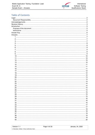 Mobile Application Testing, Foundation Level
Exam ID: A
Sample Exam – Answers
International
Software Testing
Qualifications Board
Version 1.1 Page 4 of 20 January 24, 2020
© International Software Testing Qualifications Board
Table of Contents
Legal ................................................................................................................................................... 2
Document Responsibility.................................................................................................................... 2
Acknowledgements............................................................................................................................... 2
Revision History.................................................................................................................................... 3
Introduction .......................................................................................................................................... 5
Purpose of this document................................................................................................................... 5
Instructions ....................................................................................................................................... 5
Answer Key.......................................................................................................................................... 6
Answers ............................................................................................................................................... 7
1. .................................................................................................................................................. 7
2. .................................................................................................................................................. 7
3. .................................................................................................................................................. 7
4. .................................................................................................................................................. 8
5. .................................................................................................................................................. 8
6. .................................................................................................................................................. 9
7. .................................................................................................................................................. 9
8. .................................................................................................................................................. 9
9. .................................................................................................................................................. 9
10. .............................................................................................................................................. 10
11. .............................................................................................................................................. 10
12. .............................................................................................................................................. 10
13. .............................................................................................................................................. 10
14 ............................................................................................................................................... 11
15 ............................................................................................................................................... 11
16 ............................................................................................................................................... 11
17. .............................................................................................................................................. 12
18. .............................................................................................................................................. 12
19. .............................................................................................................................................. 12
20. .............................................................................................................................................. 13
21. .............................................................................................................................................. 13
22. .............................................................................................................................................. 13
23. .............................................................................................................................................. 14
24. .............................................................................................................................................. 14
25. .............................................................................................................................................. 14
26. .............................................................................................................................................. 14
27. .............................................................................................................................................. 15
28. .............................................................................................................................................. 15
29. .............................................................................................................................................. 15
30. .............................................................................................................................................. 16
31. .............................................................................................................................................. 16
32. .............................................................................................................................................. 16
33. .............................................................................................................................................. 17
34. .............................................................................................................................................. 17
35. .............................................................................................................................................. 18
36. .............................................................................................................................................. 18
37. .............................................................................................................................................. 19
38. .............................................................................................................................................. 19
39. .............................................................................................................................................. 19
40. .............................................................................................................................................. 20
 