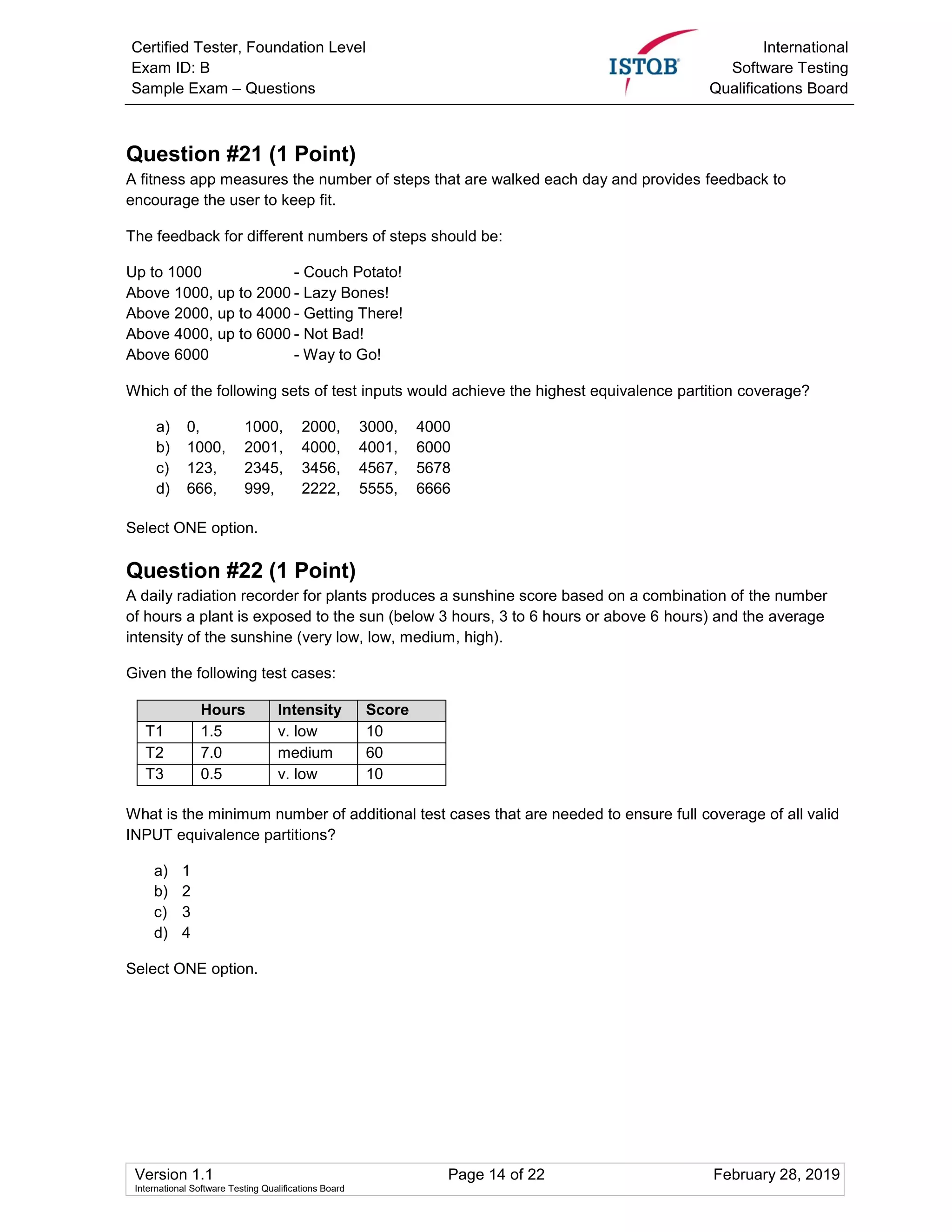 Certified Tester, Foundation Level
Exam ID: B
Sample Exam – Questions
International
Software Testing
Qualifications Board
Version 1.1 Page 14 of 22 February 28, 2019
International Software Testing Qualifications Board
Question #21 (1 Point)
A fitness app measures the number of steps that are walked each day and provides feedback to
encourage the user to keep fit.
The feedback for different numbers of steps should be:
Up to 1000 - Couch Potato!
Above 1000, up to 2000 - Lazy Bones!
Above 2000, up to 4000 - Getting There!
Above 4000, up to 6000 - Not Bad!
Above 6000 - Way to Go!
Which of the following sets of test inputs would achieve the highest equivalence partition coverage?
a) 0, 1000, 2000, 3000, 4000
b) 1000, 2001, 4000, 4001, 6000
c) 123, 2345, 3456, 4567, 5678
d) 666, 999, 2222, 5555, 6666
Select ONE option.
Question #22 (1 Point)
A daily radiation recorder for plants produces a sunshine score based on a combination of the number
of hours a plant is exposed to the sun (below 3 hours, 3 to 6 hours or above 6 hours) and the average
intensity of the sunshine (very low, low, medium, high).
Given the following test cases:
Hours Intensity Score
T1 1.5 v. low 10
T2 7.0 medium 60
T3 0.5 v. low 10
What is the minimum number of additional test cases that are needed to ensure full coverage of all valid
INPUT equivalence partitions?
a) 1
b) 2
c) 3
d) 4
Select ONE option.
 