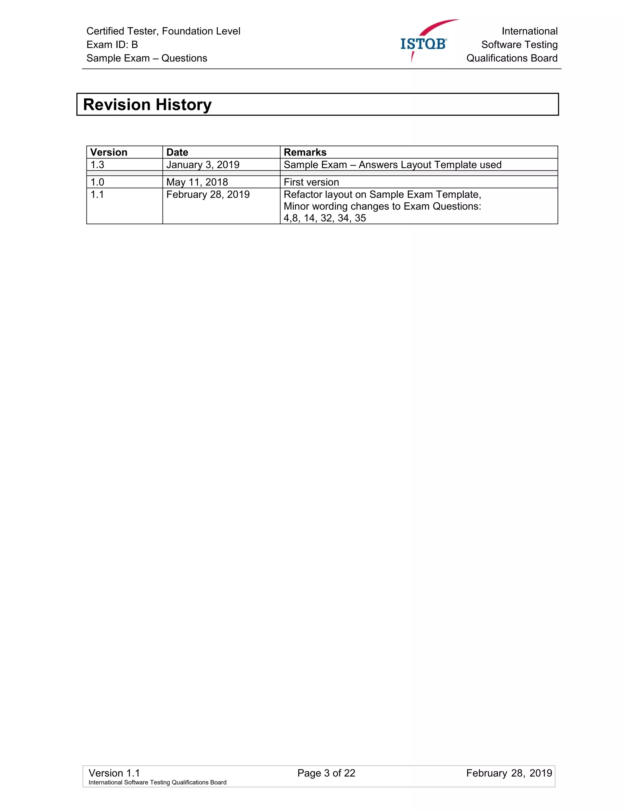 Certified Tester, Foundation Level
Exam ID: B
Sample Exam – Questions
International
Software Testing
Qualifications Board
Version 1.1 Page 3 of 22 February 28, 2019
International Software Testing Qualifications Board
Revision History
Version Date Remarks
1.3 January 3, 2019 Sample Exam – Answers Layout Template used
1.0 May 11, 2018 First version
1.1 February 28, 2019 Refactor layout on Sample Exam Template,
Minor wording changes to Exam Questions:
4,8, 14, 32, 34, 35
 