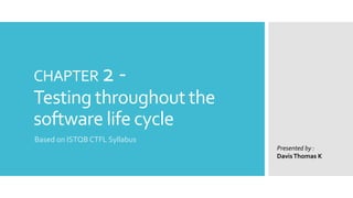 CHAPTER 2 -
Testing throughout the
software life cycle
Based on ISTQB CTFL Syllabus
Presented by :
DavisThomas K
 