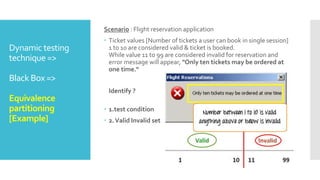 Dynamic testing
technique =>
Black Box =>
Equivalence
partitioning
[Example]
Scenario : Flight reservation application
 Ticket values [Number of tickets a user can book in single session]
1 to 10 are considered valid & ticket is booked.
While value 11 to 99 are considered invalid for reservation and
error message will appear, "Only ten tickets may be ordered at
one time.“
Identify ?
 1.test condition
 2.Valid Invalid set
 