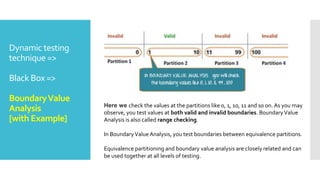 Dynamic testing
technique =>
Black Box =>
BoundaryValue
Analysis
[with Example]
Here we check the values at the partitions like 0, 1, 10, 11 and so on. As you may
observe, you test values at both valid and invalid boundaries. BoundaryValue
Analysis is also called range checking.
In BoundaryValue Analysis, you test boundaries between equivalence partitions.
Equivalence partitioning and boundary value analysis are closely related and can
be used together at all levels of testing.
 