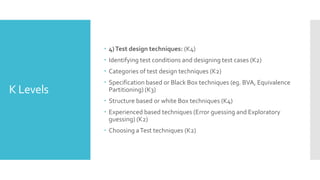 K Levels
 4)Test design techniques: (K4)
 Identifying test conditions and designing test cases (K2)
 Categories of test design techniques (K2)
 Specification based or Black Box techniques (eg. BVA, Equivalence
Partitioning) (K3)
 Structure based or white Box techniques (K4)
 Experienced based techniques (Error guessing and Exploratory
guessing) (K2)
 Choosing aTest techniques (K2)
 
