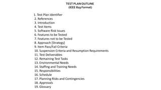 TEST PLAN OUTLINE
(IEEE 829 Format)
1. Test Plan Identifier
2. References
3. Introduction
4. Test Items
5. Software Risk Issues
6. Features to be Tested
7. Features not to be Tested
8. Approach [Strategy]
9. Item Pass/Fail Criteria
10. Suspension Criteria and Resumption Requirements
11. Test Deliverables
12. Remaining Test Tasks
13. Environmental Needs
14. Staffing and Training Needs
15. Responsibilities
16. Schedule
17. Planning Risks and Contingencies
18. Approvals
19. Glossary
 