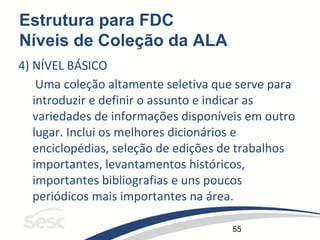55
Estrutura para FDC
Níveis de Coleção da ALA
4) NÍVEL BÁSICO
Uma coleção altamente seletiva que serve para
introduzir e definir o assunto e indicar as
variedades de informações disponíveis em outro
lugar. Inclui os melhores dicionários e
enciclopédias, seleção de edições de trabalhos
importantes, levantamentos históricos,
importantes bibliografias e uns poucos
periódicos mais importantes na área.
 