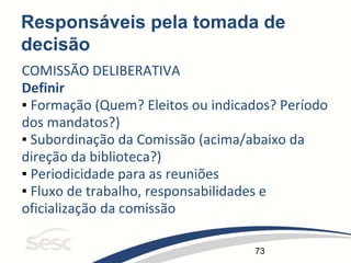73
Responsáveis pela tomada de
decisão
COMISSÃO DELIBERATIVA
Definir
▪ Formação (Quem? Eleitos ou indicados? Período
dos mandatos?)
▪ Subordinação da Comissão (acima/abaixo da
direção da biblioteca?)
▪ Periodicidade para as reuniões
▪ Fluxo de trabalho, responsabilidades e
oficialização da comissão
 