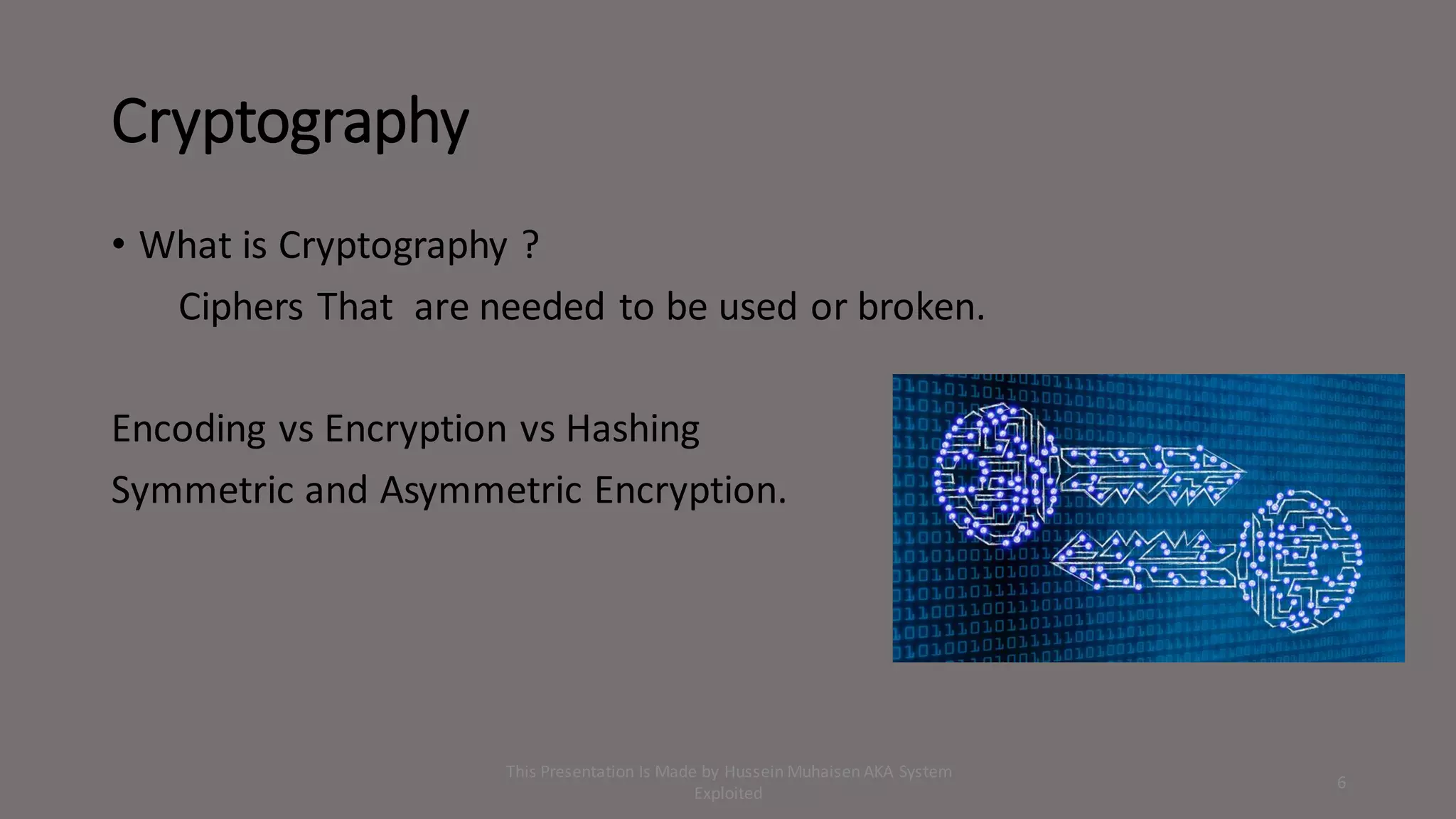 Cryptography
• What is Cryptography ?
Ciphers That are needed to be used or broken.
Encoding vs Encryption vs Hashing
Symmetric and Asymmetric Encryption.
6
This Presentation Is Made by Hussein Muhaisen AKA System
Exploited
 