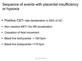 Positive CST= late deceleration in 50% of UC.
 Non reactive NST= No HR acceleration
 Cessation of fetal movement
 Basal line tachycardia > 160 bpm
 Basal line bradycardia <110 bpm
Sequence of events with placental insufficiency
or hypoxia
Aboubakr Elnashar
 