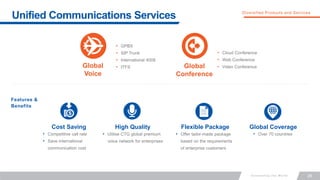 28
Unified Communications Services Diversified Products and Services
• GPBX
• SIP Trunk
• International 4008
• ITFS
• Cloud Conference
• Web Conference
• Video Conference
Features &
Benefits
• Competitive call rate
• Save international
communication cost
• Utilise CTG global premium
voice network for enterprises
• Offer tailor-made package
based on the requirements
of enterprise customers
• Over 70 countries
Cost Saving High Quality Flexible Package Global Coverage
Global
Voice
Global
Conference
 