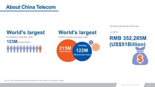 3
About China Telecom
215M
World's largest
CDMA mobile operation with
including
4G terminal users
122M
123M
broadband operator with
subscribers
World's largest
Source: 2016 Annual Results Announcement of China Telecom Corporation Limited
Annual operating revenues
RMB 352,285M
(US$51Billion)
in 2016
subscribers
 