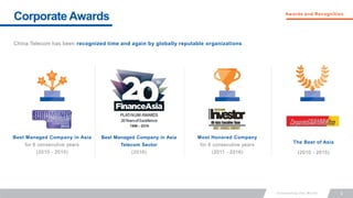 Awards and Recognition
4
Corporate Awards
China Telecom has been recognized time and again by globally reputable organizations
Best Managed Company in Asia
for 6 consecutive years
(2010 - 2015)
Best Managed Company in Asia
Telecom Sector
(2016)
Most Honored Company
for 6 consecutive years
(2011 - 2016)
The Best of Asia
(2010 - 2015)
 