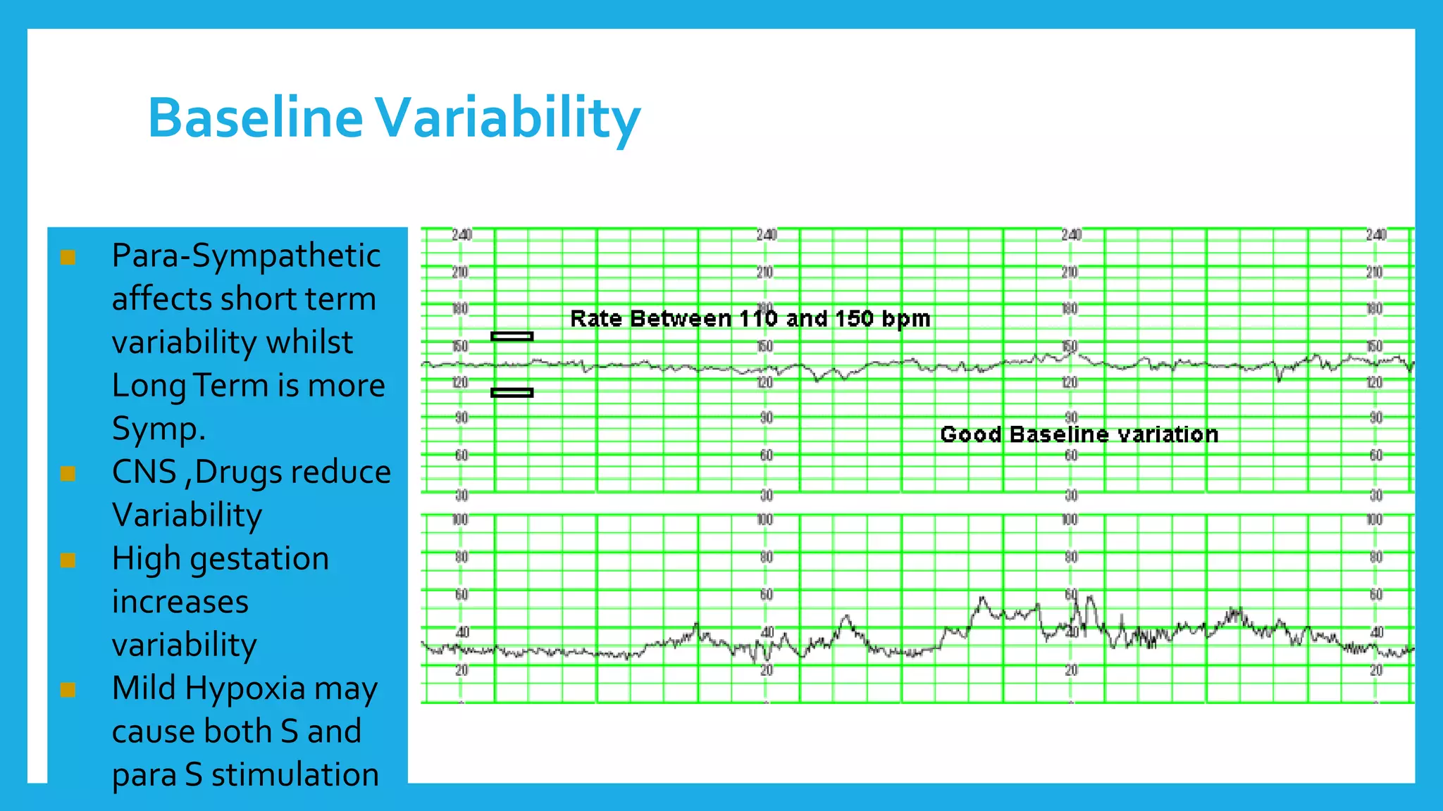 BaselineVariability
 Para-Sympathetic
affects short term
variability whilst
LongTerm is more
Symp.
 CNS ,Drugs reduce
Variability
 High gestation
increases
variability
 Mild Hypoxia may
cause both S and
para S stimulation
 