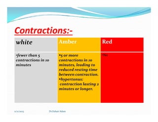 Contractions:
Contractions:-
-
white Amber Red
•fewer than 5
contractions in 10
5 or more
contractions in 10
•No
contractions in 10
minutes
contractions in 10
minutes, leading to
reduced resting time
between contraction.
hypertonus:
contraction lasting 2
minutes or longer.
11/11/2023 Dr.Zuhair Adam
 