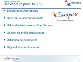 Qu’est-ce que j’ai fait ? Des choix de produits (2/2) Entièrement OpenSource Basé sur un serveur applicatif Utilise d’autres moteurs OpenSource Gestion de profils d’utilisateurs Utilisation de paramètres Déjà utilisé chez Arismore 