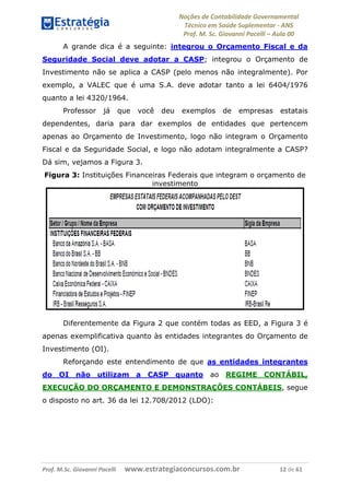 Noções de Contabilidade Governamental  
Técnico em Saúde Suplementar ‐ ANS 
Prof. M. Sc. Giovanni Pacelli – Aula 00
A grande dica é a seguinte: integrou o Orçamento Fiscal e da
Seguridade Social deve adotar a CASP; integrou o Orçamento de
Investimento não se aplica a CASP (pelo menos não integralmente). Por
exemplo, a VALEC que é uma S.A. deve adotar tanto a lei 6404/1976
quanto a lei 4320/1964.
Professor já que você deu exemplos de empresas estatais
dependentes, daria para dar exemplos de entidades que pertencem
apenas ao Orçamento de Investimento, logo não integram o Orçamento
Fiscal e da Seguridade Social, e logo não adotam integralmente a CASP?
Dá sim, vejamos a Figura 3.
Figura 3: Instituições Financeiras Federais que integram o orçamento de
investimento
Diferentemente da Figura 2 que contém todas as EED, a Figura 3 é
apenas exemplificativa quanto às entidades integrantes do Orçamento de
Investimento (OI).
Reforçando este entendimento de que as entidades integrantes
do OI não utilizam a CASP quanto ao REGIME CONTÁBIL,
EXECUÇÃO DO ORÇAMENTO E DEMONSTRAÇÕES CONTÁBEIS, segue
o disposto no art. 36 da lei 12.708/2012 (LDO):
Prof. M.Sc. Giovanni Pacelli      www.estrategiaconcursos.com.br                           12 de 61
 