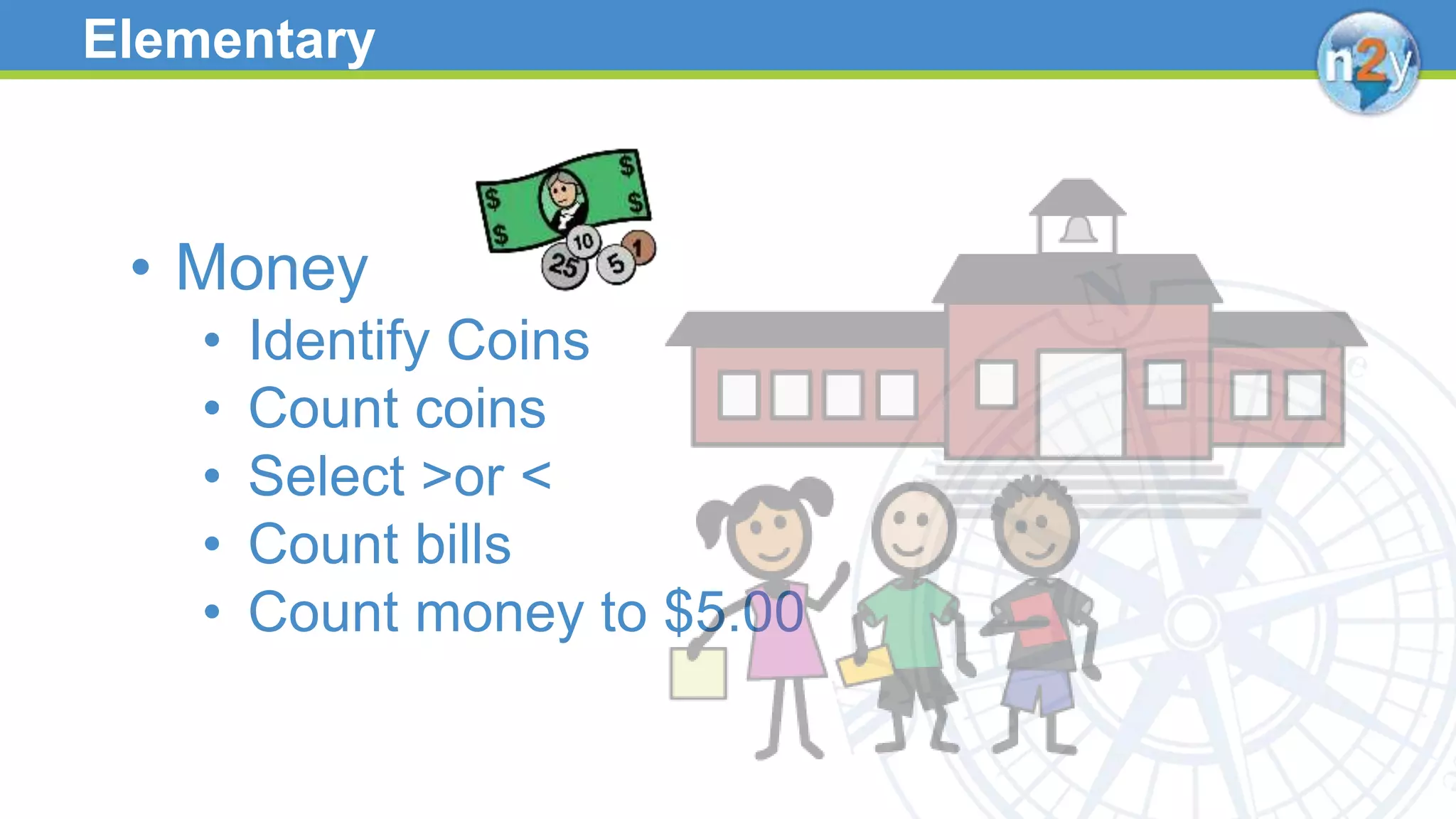 Elementary
• Money
• Identify Coins
• Count coins
• Select >or <
• Count bills
• Count money to $5.00
 