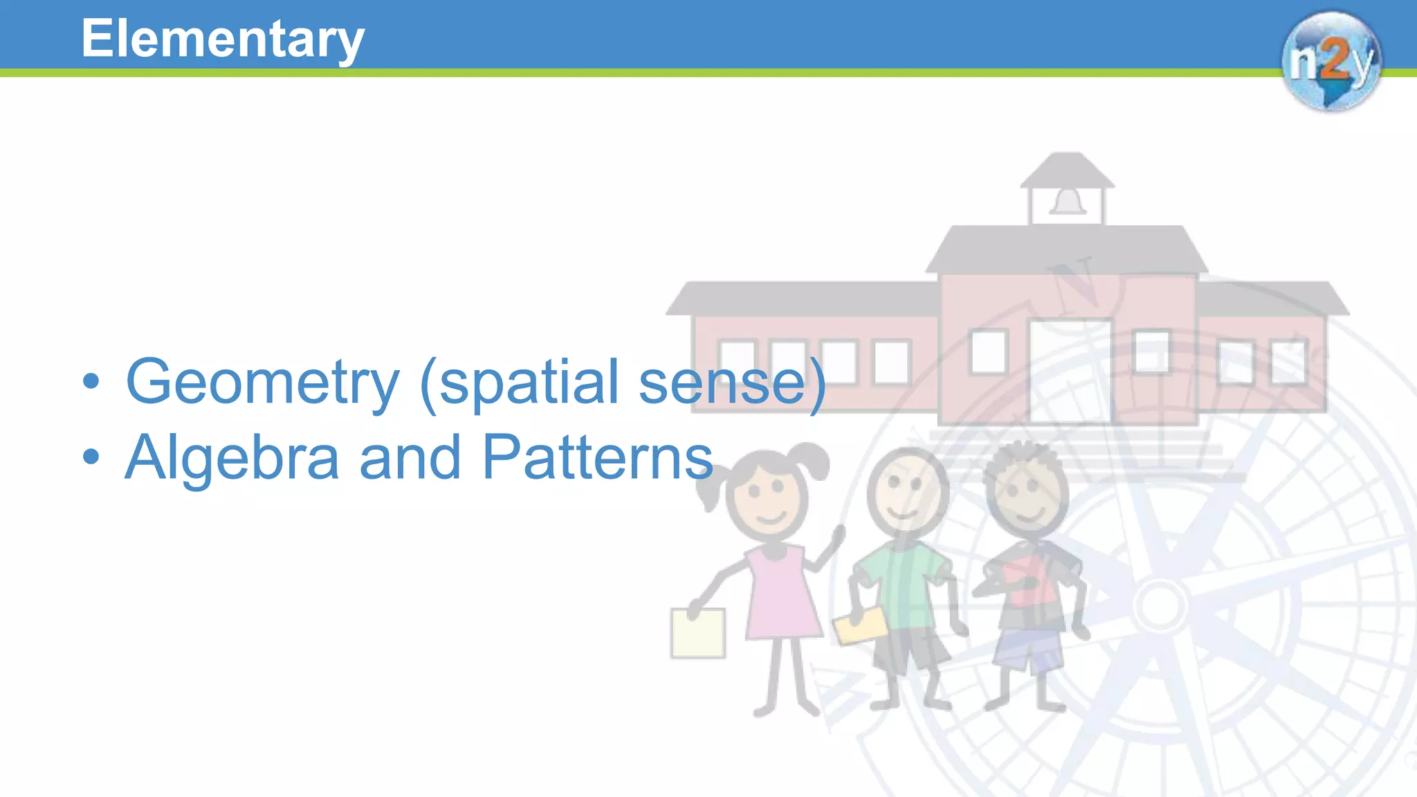 Elementary
• Geometry (spatial sense)
• Algebra and Patterns
 