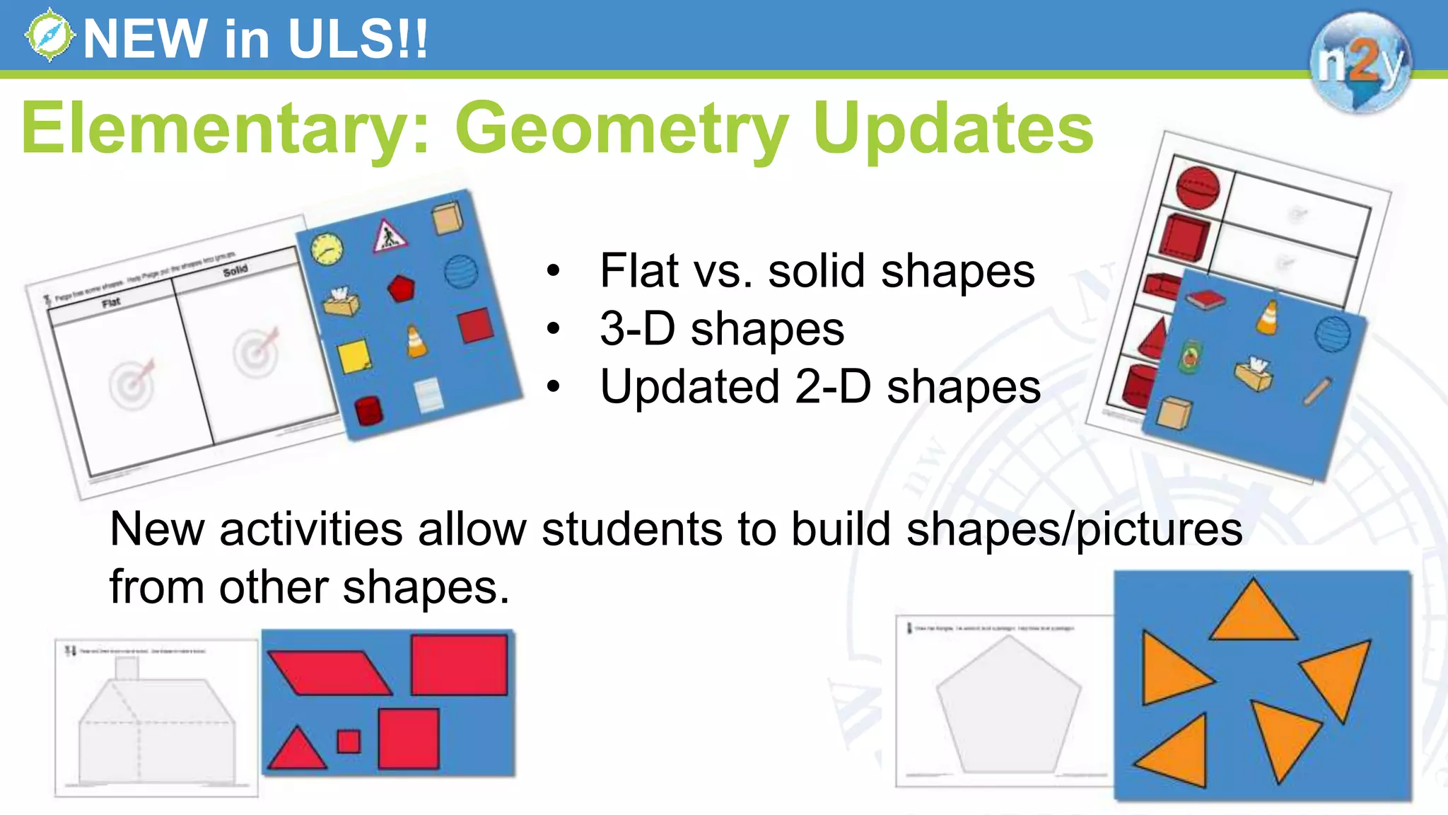 NEW in ULS!!
Elementary: Geometry Updates
• Flat vs. solid shapes
• 3-D shapes
• Updated 2-D shapes
New activities allow students to build shapes/pictures
from other shapes.
 