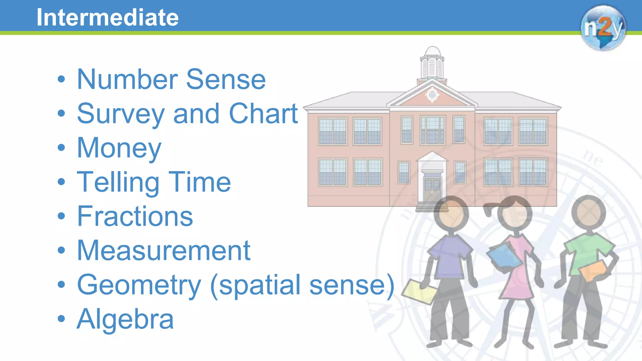 Intermediate
• Number Sense
• Survey and Chart
• Money
• Telling Time
• Fractions
• Measurement
• Geometry (spatial sense)
• Algebra
 