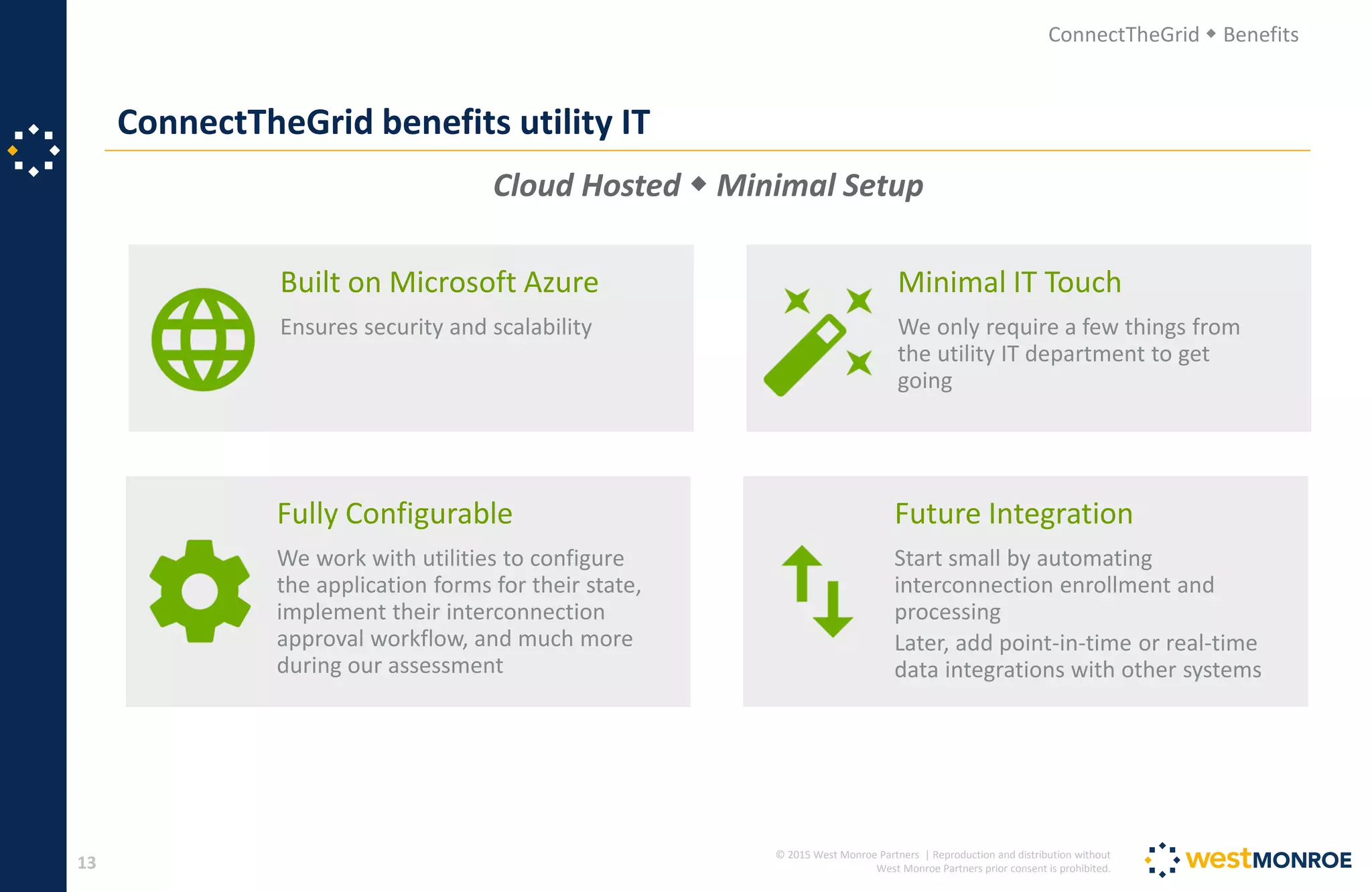 © 2015 West Monroe Partners | Reproduction and distribution without
West Monroe Partners prior consent is prohibited.13
Cloud Hosted  Minimal Setup
ConnectTheGrid  Benefits
Built on Microsoft Azure
Ensures security and scalability
Minimal IT Touch
We only require a few things from
the utility IT department to get
going
Fully Configurable
We work with utilities to configure
the application forms for their state,
implement their interconnection
approval workflow, and much more
during our assessment
Future Integration
Start small by automating
interconnection enrollment and
processing
Later, add point-in-time or real-time
data integrations with other systems
ConnectTheGrid benefits utility IT
 