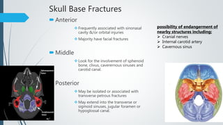 Skull Base Fractures
Anterior
 Frequently associated with sinonasal
cavity &/or orbital injuries
 Majority have facial fractures
Middle
 Look for the involvement of sphenoid
bone, clivus, caverernous sinuses and
carotid canal.
Posterior
 May be isolated or associated with
transverse petrous fractures
 May extend into the transverse or
sigmoid sinuses, jugular foramen or
hypoglossal canal.
possibility of endangerment of
nearby structures including:
 Cranial nerves
 Internal carotid artery
 Cavernous sinus
 