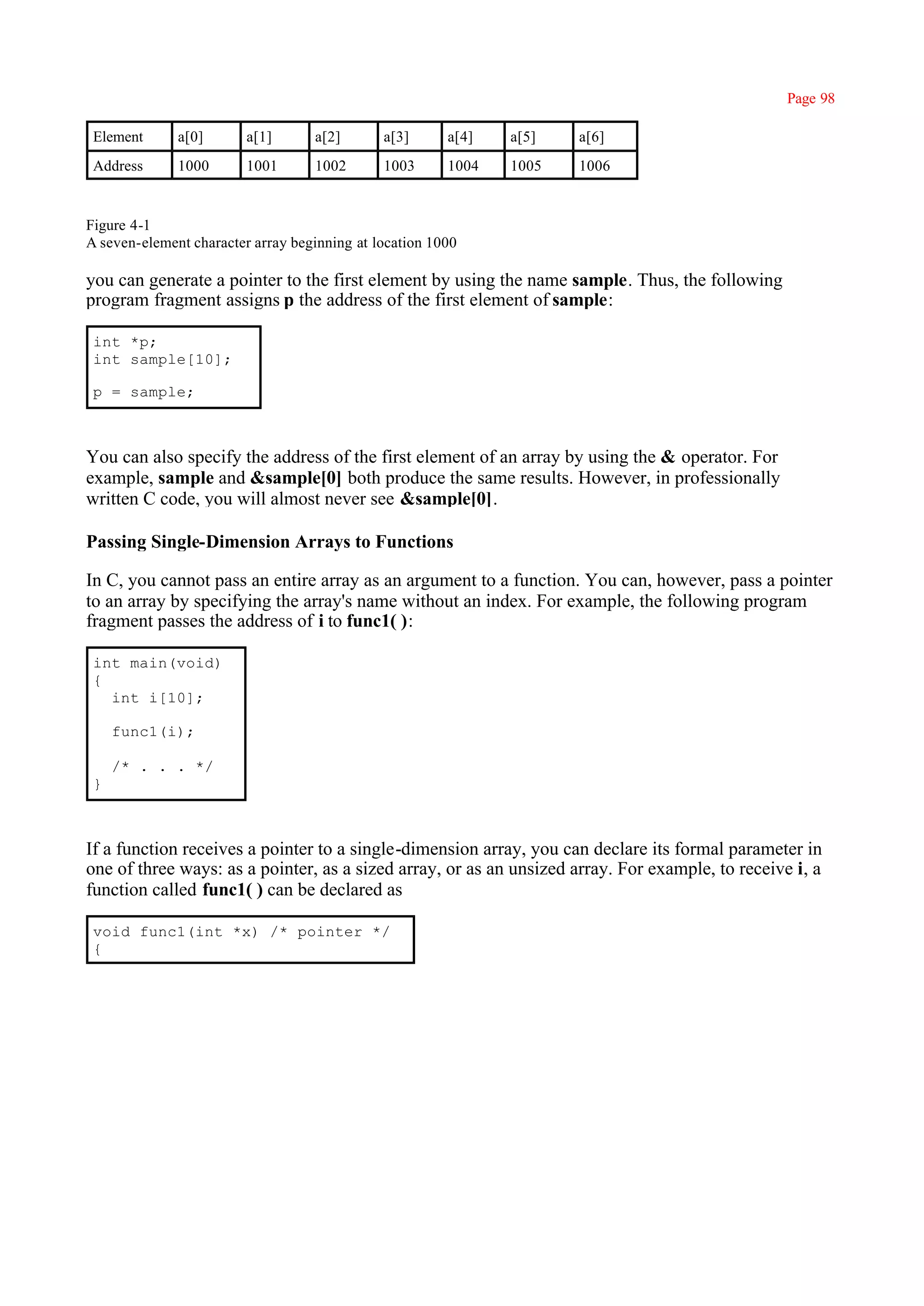 Page 98

 Element      a[0]       a[1]      a[2]       a[3]      a[4]   a[5]   a[6]
 Address      1000       1001      1002       1003      1004   1005   1006


Figure 4-1
A seven-element character array beginning at location 1000

you can generate a pointer to the first element by using the name sample. Thus, the following
program fragment assigns p the address of the first element of sample:

 int *p;
 int sample[10];

 p = sample;



You can also specify the address of the first element of an array by using the & operator. For
example, sample and &sample[0] both produce the same results. However, in professionally
written C code, you will almost never see &sample[0].

Passing Single-Dimension Arrays to Functions

In C, you cannot pass an entire array as an argument to a function. You can, however, pass a pointer
to an array by specifying the array's name without an index. For example, the following program
fragment passes the address of i to func1( ):

 int main(void)
 {
   int i[10];

     func1(i);

     /* . . . */
 }



If a function receives a pointer to a single-dimension array, you can declare its formal parameter in
one of three ways: as a pointer, as a sized array, or as an unsized array. For example, to receive i, a
function called func1( ) can be declared as

 void func1(int *x) /* pointer */
 {
 