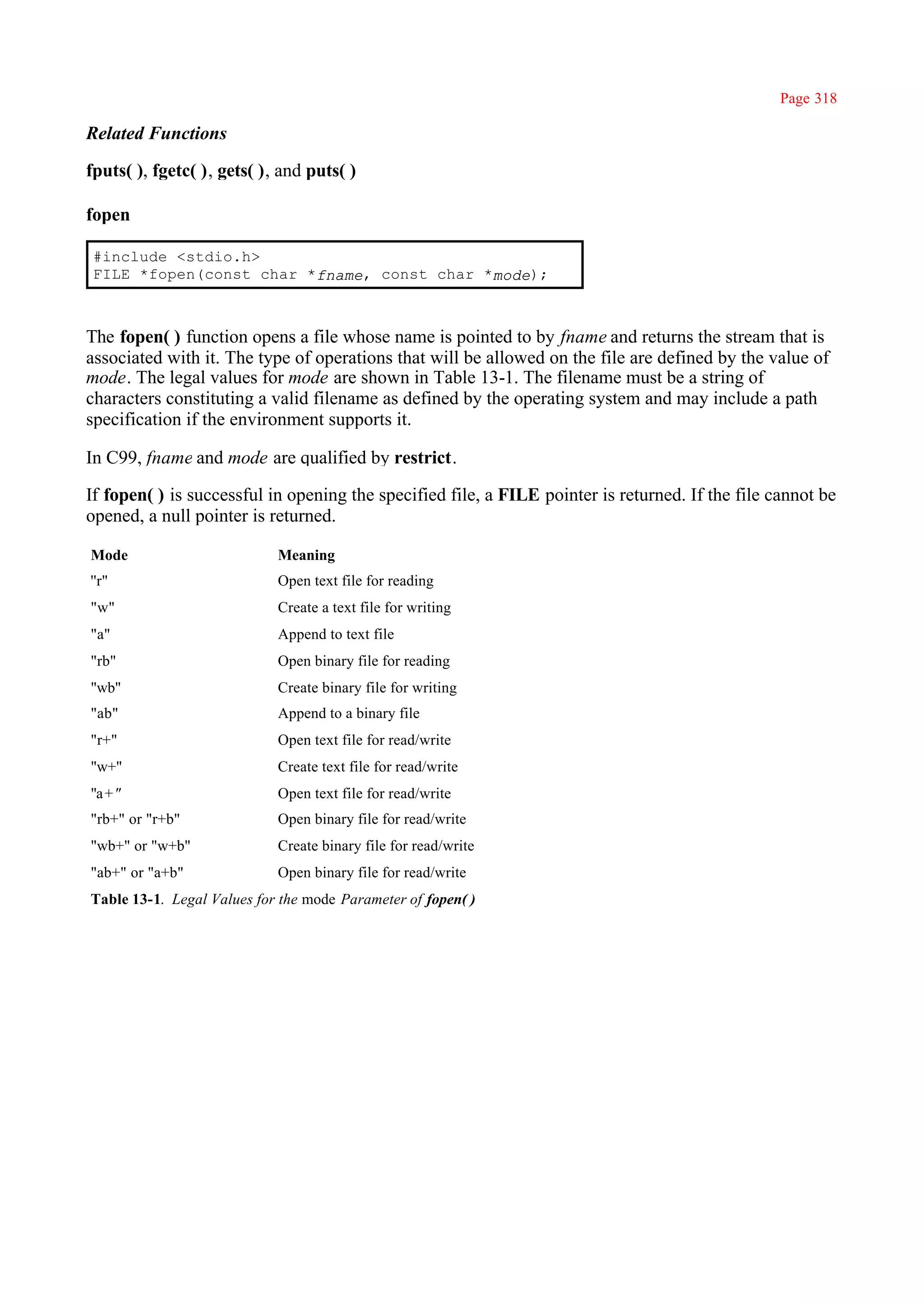 Page 318

Related Functions

fputs( ), fgetc( ), gets( ), and puts( )

fopen

 #include <stdio.h>
 FILE *fopen(const char *fname, const char *mode);



The fopen( ) function opens a file whose name is pointed to by fname and returns the stream that is
associated with it. The type of operations that will be allowed on the file are defined by the value of
mode. The legal values for mode are shown in Table 13-1. The filename must be a string of
characters constituting a valid filename as defined by the operating system and may include a path
specification if the environment supports it.

In C99, fname and mode are qualified by restrict.

If fopen( ) is successful in opening the specified file, a FILE pointer is returned. If the file cannot be
opened, a null pointer is returned.

Mode                        Meaning
''r"                        Open text file for reading
"w"                         Create a text file for writing
"a"                         Append to text file
"rb"                        Open binary file for reading
"wb"                        Create binary file for writing
"ab"                        Append to a binary file
"r+"                        Open text file for read/write
"w+"                        Create text file for read/write
"a+"                        Open text file for read/write
"rb+" or "r+b"              Open binary file for read/write
"wb+" or "w+b"              Create binary file for read/write
"ab+" or "a+b"              Open binary file for read/write
Table 13-1. Legal Values for the mode Parameter of fopen( )
 
