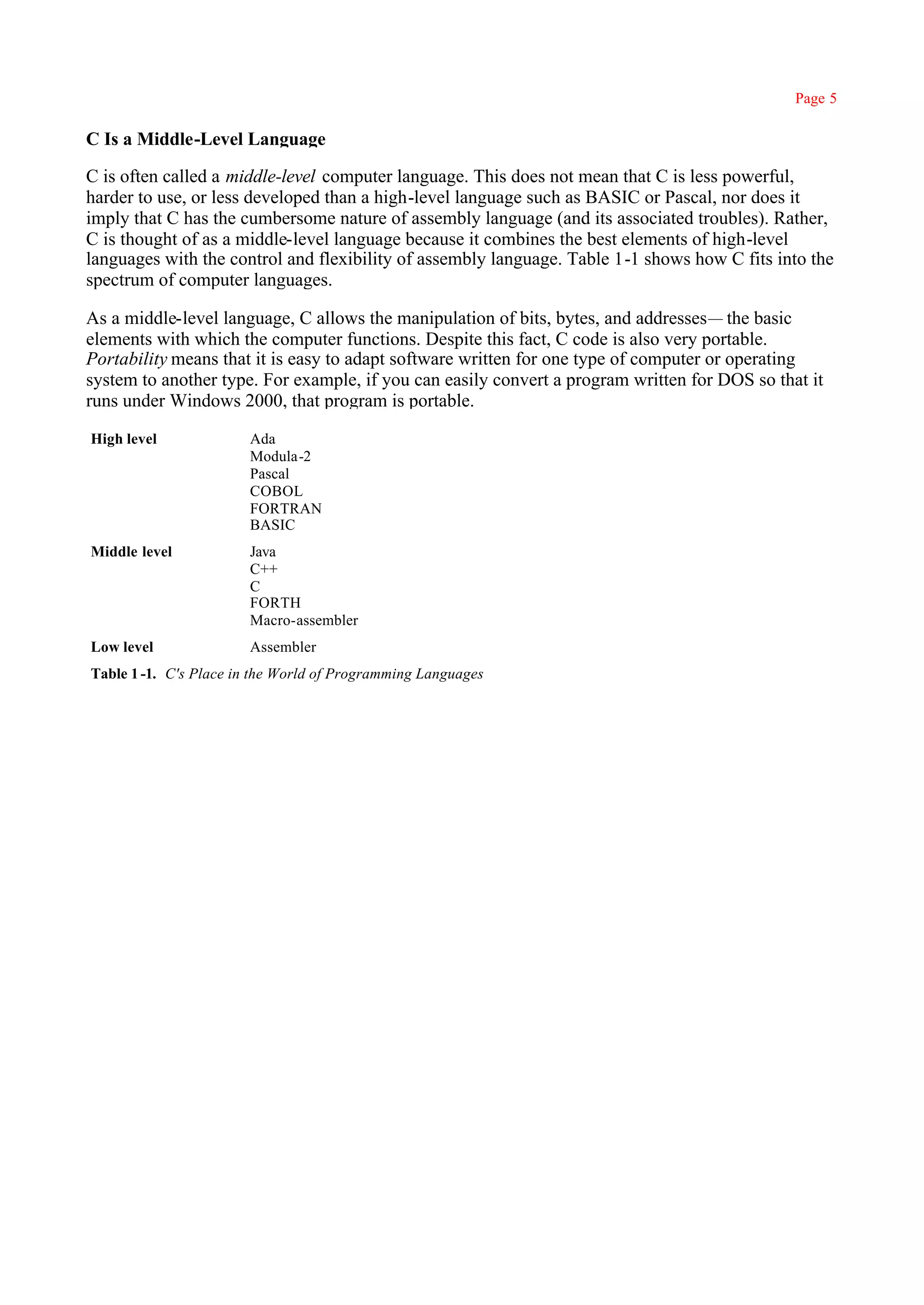 Page 5

C Is a Middle-Level Language

C is often called a middle-level computer language. This does not mean that C is less powerful,
harder to use, or less developed than a high-level language such as BASIC or Pascal, nor does it
imply that C has the cumbersome nature of assembly language (and its associated troubles). Rather,
C is thought of as a middle-level language because it combines the best elements of high-level
languages with the control and flexibility of assembly language. Table 1-1 shows how C fits into the
spectrum of computer languages.

As a middle-level language, C allows the manipulation of bits, bytes, and addresses— the basic
elements with which the computer functions. Despite this fact, C code is also very portable.
Portability means that it is easy to adapt software written for one type of computer or operating
system to another type. For example, if you can easily convert a program written for DOS so that it
runs under Windows 2000, that program is portable.

High level             Ada
                       Modula-2
                       Pascal
                       COBOL
                       FORTRAN
                       BASIC
Middle level           Java
                       C++
                       C
                       FORTH
                       Macro-assembler
Low level              Assembler
Table 1 -1. C's Place in the World of Programming Languages
 
