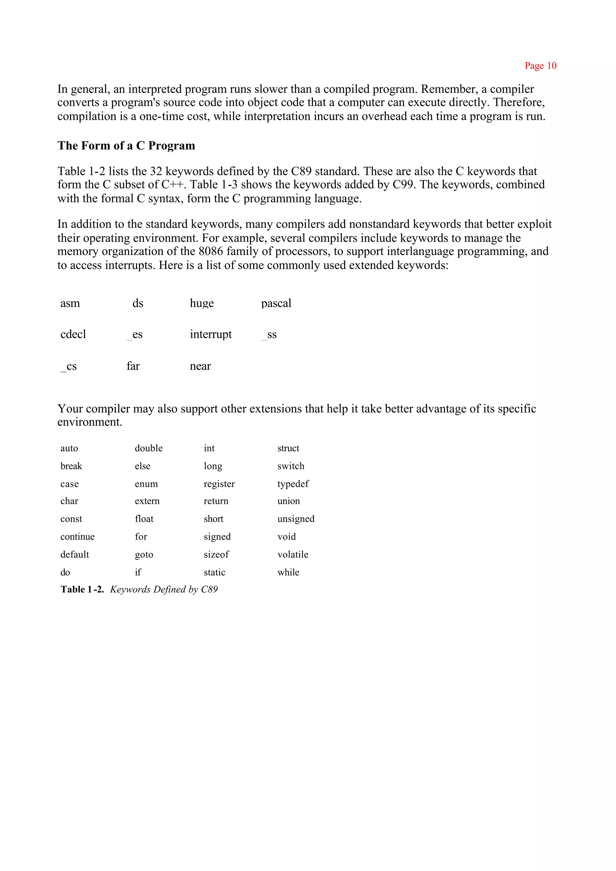 Page 10

In general, an interpreted program runs slower than a compiled program. Remember, a compiler
converts a program's source code into object code that a computer can execute directly. Therefore,
compilation is a one-time cost, while interpretation incurs an overhead each time a program is run.

The Form of a C Program

Table 1-2 lists the 32 keywords defined by the C89 standard. These are also the C keywords that
form the C subset of C++. Table 1-3 shows the keywords added by C99. The keywords, combined
with the formal C syntax, form the C programming language.

In addition to the standard keywords, many compilers add nonstandard keywords that better exploit
their operating environment. For example, several compilers include keywords to manage the
memory organization of the 8086 family of processors, to support interlanguage programming, and
to access interrupts. Here is a list of some commonly used extended keywords:


asm           _ds           huge          pascal

cdecl         _es           interrupt     _ss

_cs           far           near


Your compiler may also support other extensions that help it take better advantage of its specific
environment.

auto            double         int              struct
break           else           long             switch
case            enum           register         typedef
char            extern         return           union
const           float          short            unsigned
continue        for            signed           void
default         goto           sizeof           volatile
do              if             static           while
Table 1 -2. Keywords Defined by C89
 
