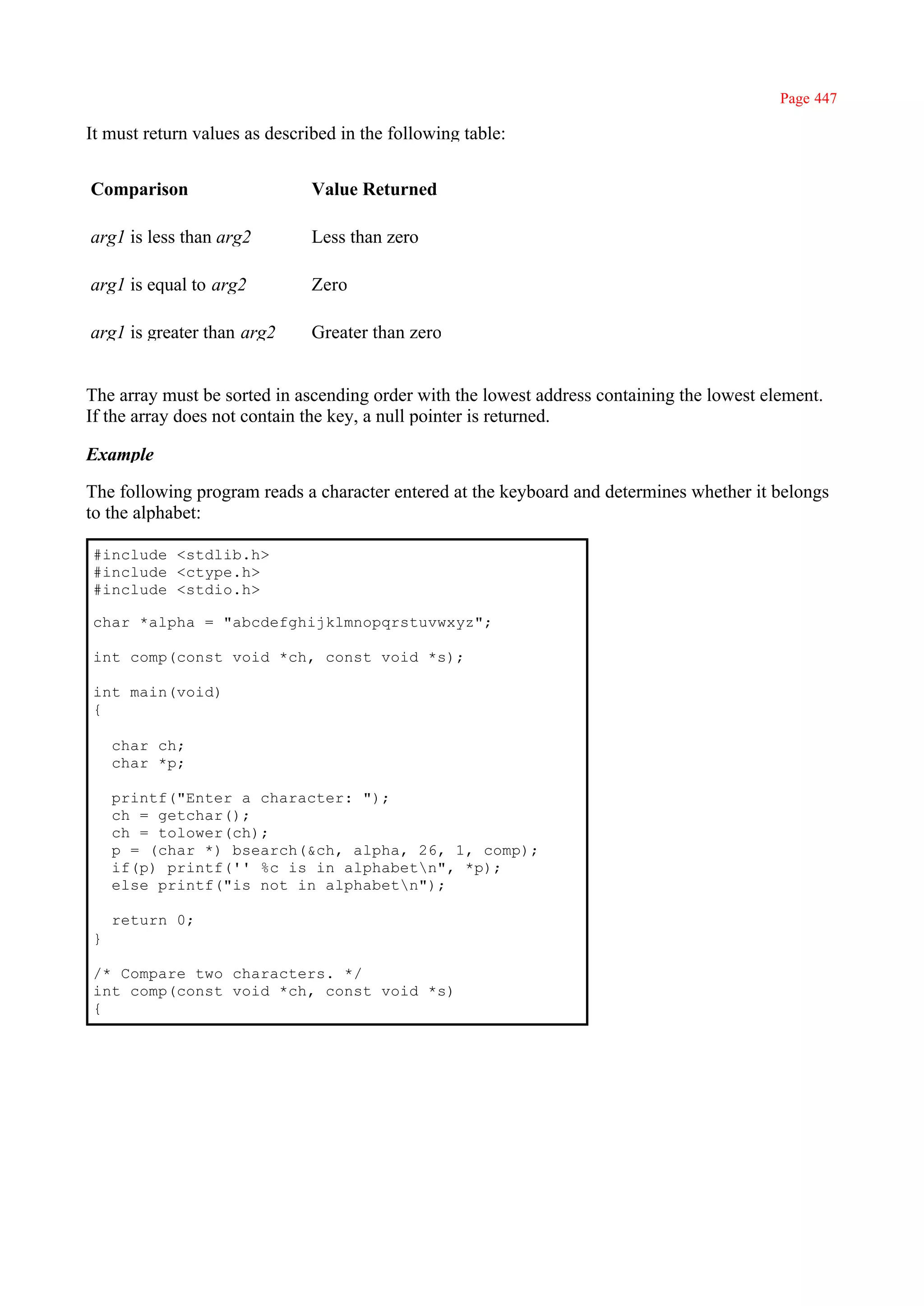 Page 447

It must return values as described in the following table:


Comparison                     Value Returned

arg1 is less than arg2         Less than zero

arg1 is equal to arg2          Zero

arg1 is greater than arg2      Greater than zero


The array must be sorted in ascending order with the lowest address containing the lowest element.
If the array does not contain the key, a null pointer is returned.

Example

The following program reads a character entered at the keyboard and determines whether it belongs
to the alphabet:

#include <stdlib.h>
#include <ctype.h>
#include <stdio.h>

char *alpha = "abcdefghijklmnopqrstuvwxyz";

int comp(const void *ch, const void *s);

int main(void)
{

    char ch;
    char *p;

    printf("Enter a character: ");
    ch = getchar();
    ch = tolower(ch);
    p = (char *) bsearch(&ch, alpha, 26, 1, comp);
    if(p) printf('' %c is in alphabetn", *p);
    else printf("is not in alphabetn");

    return 0;
}

/* Compare two characters. */
int comp(const void *ch, const void *s)
{
 
