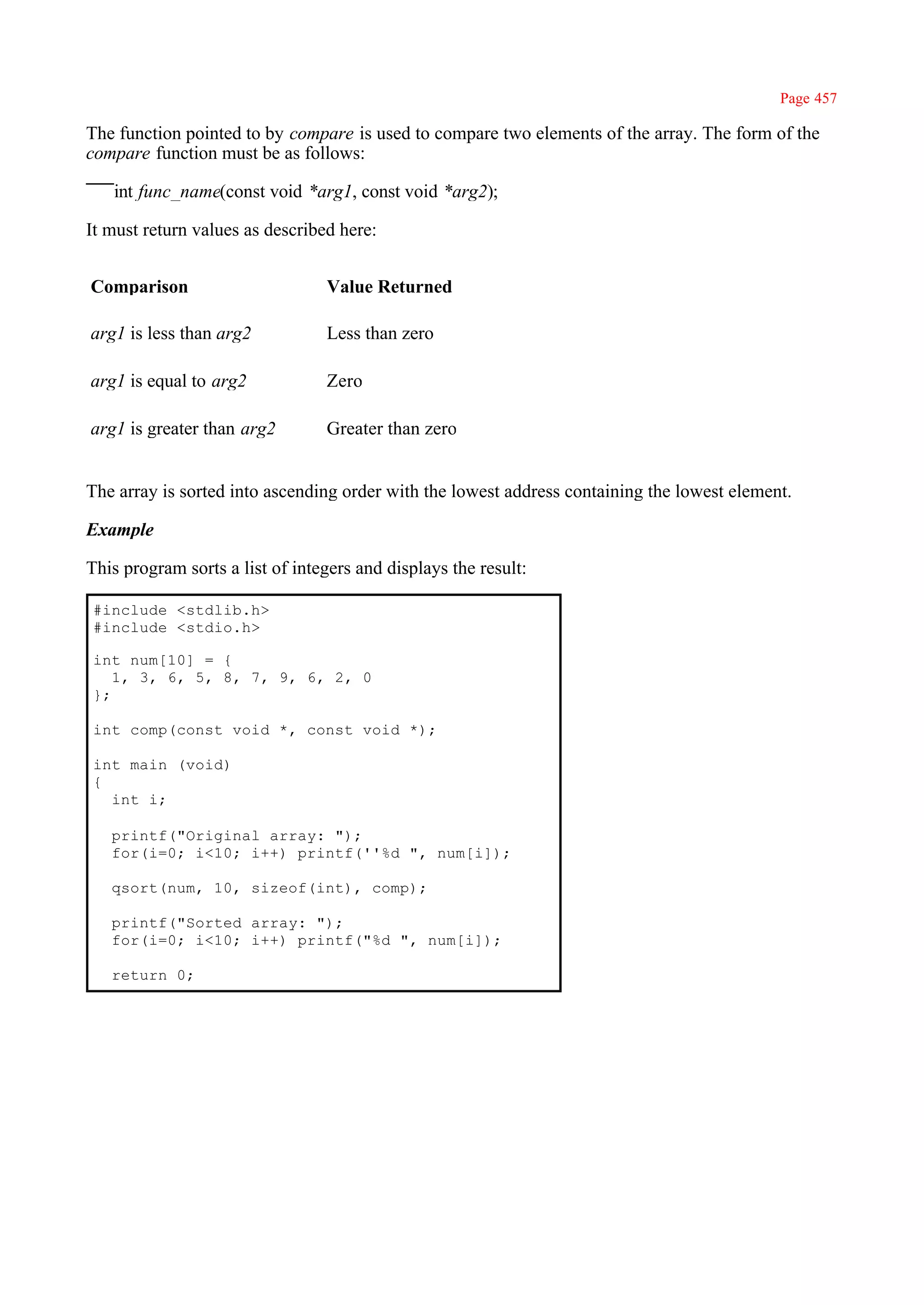 Page 457

The function pointed to by compare is used to compare two elements of the array. The form of the
compare function must be as follows:

   int func_name(const void *arg1, const void *arg2);

It must return values as described here:


Comparison                       Value Returned

arg1 is less than arg2           Less than zero

arg1 is equal to arg2            Zero

arg1 is greater than arg2        Greater than zero


The array is sorted into ascending order with the lowest address containing the lowest element.

Example

This program sorts a list of integers and displays the result:

#include <stdlib.h>
#include <stdio.h>

int num[10] = {
   1, 3, 6, 5, 8, 7, 9, 6, 2, 0
};

int comp(const void *, const void *);

int main (void)
{
  int i;

   printf("Original array: ");
   for(i=0; i<10; i++) printf(''%d ", num[i]);

   qsort(num, 10, sizeof(int), comp);

   printf("Sorted array: ");
   for(i=0; i<10; i++) printf("%d ", num[i]);

   return 0;
 