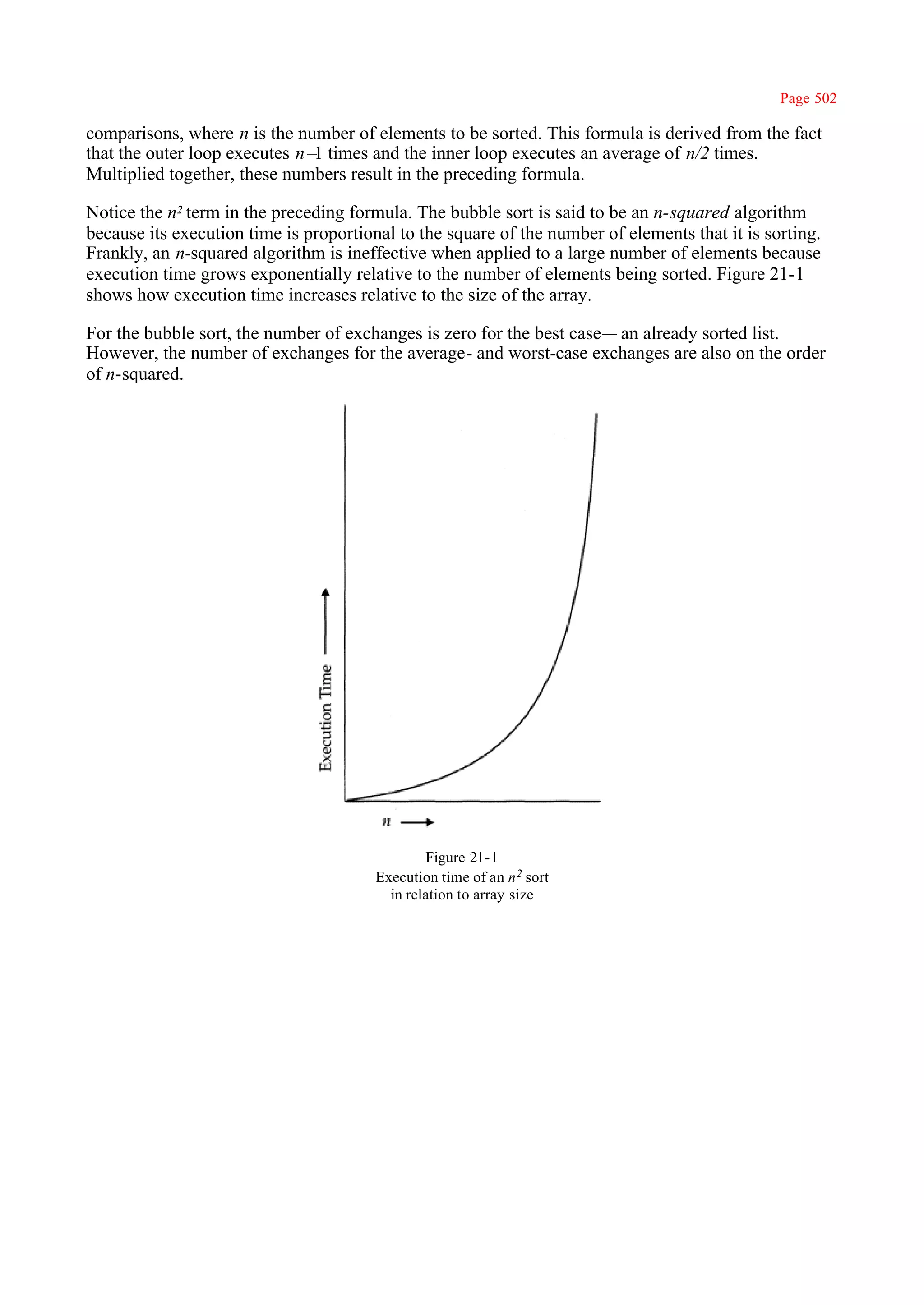 Page 502

comparisons, where n is the number of elements to be sorted. This formula is derived from the fact
that the outer loop executes n– times and the inner loop executes an average of n/2 times.
                               1
Multiplied together, these numbers result in the preceding formula.

Notice the n2 term in the preceding formula. The bubble sort is said to be an n-squared algorithm
because its execution time is proportional to the square of the number of elements that it is sorting.
Frankly, an n-squared algorithm is ineffective when applied to a large number of elements because
execution time grows exponentially relative to the number of elements being sorted. Figure 21-1
shows how execution time increases relative to the size of the array.

For the bubble sort, the number of exchanges is zero for the best case— an already sorted list.
However, the number of exchanges for the average- and worst-case exchanges are also on the order
of n-squared.




                                                Figure 21-1
                                        Execution time of an n 2 sort
                                          in relation to array size
 