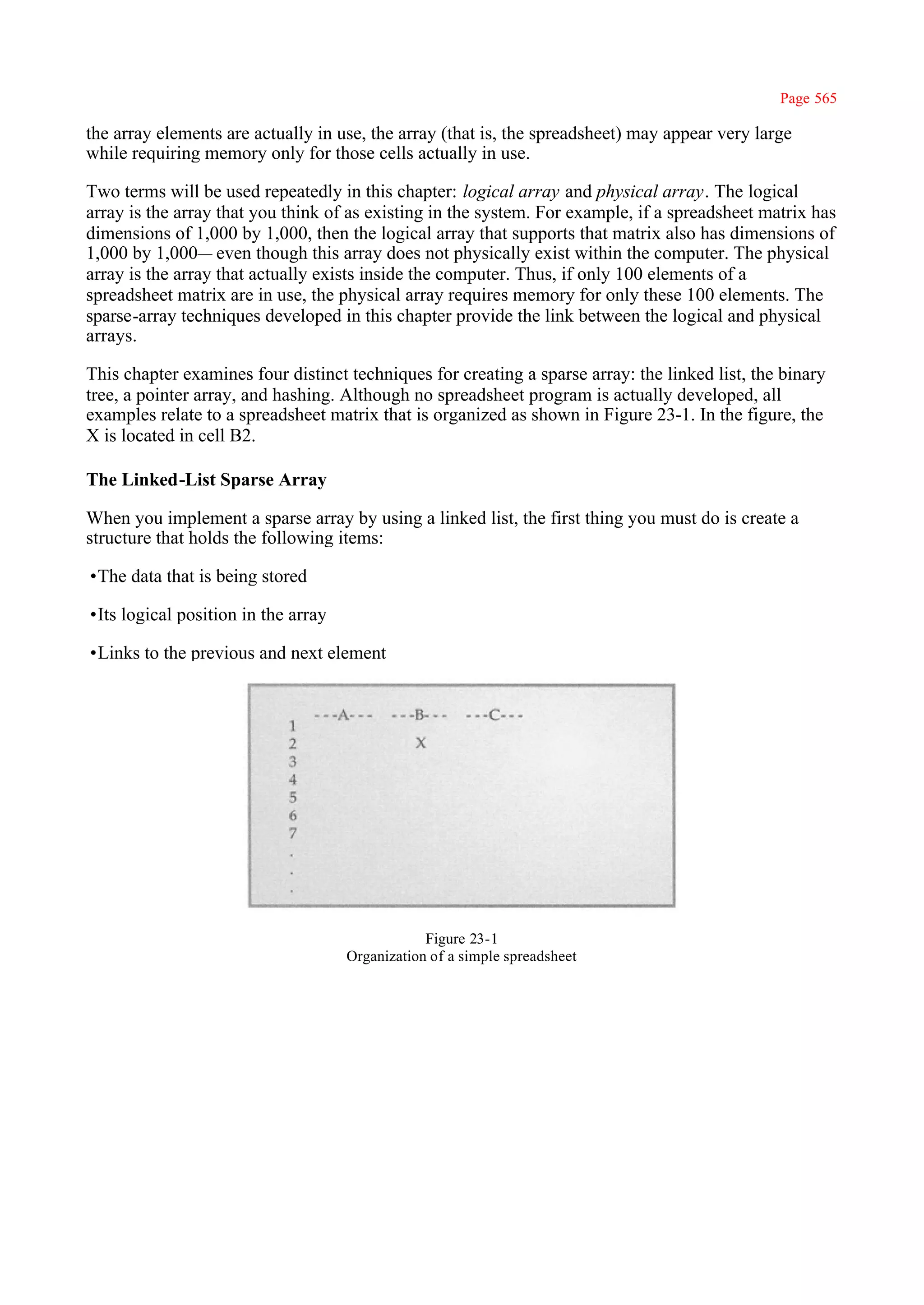 Page 565

the array elements are actually in use, the array (that is, the spreadsheet) may appear very large
while requiring memory only for those cells actually in use.

Two terms will be used repeatedly in this chapter: logical array and physical array. The logical
array is the array that you think of as existing in the system. For example, if a spreadsheet matrix has
dimensions of 1,000 by 1,000, then the logical array that supports that matrix also has dimensions of
1,000 by 1,000— even though this array does not physically exist within the computer. The physical
array is the array that actually exists inside the computer. Thus, if only 100 elements of a
spreadsheet matrix are in use, the physical array requires memory for only these 100 elements. The
sparse-array techniques developed in this chapter provide the link between the logical and physical
arrays.

This chapter examines four distinct techniques for creating a sparse array: the linked list, the binary
tree, a pointer array, and hashing. Although no spreadsheet program is actually developed, all
examples relate to a spreadsheet matrix that is organized as shown in Figure 23-1. In the figure, the
X is located in cell B2.

The Linked-List Sparse Array

When you implement a sparse array by using a linked list, the first thing you must do is create a
structure that holds the following items:

•The data that is being stored

•Its logical position in the array

•Links to the previous and next element




                                                 Figure 23-1
                                     Organization of a simple spreadsheet
 