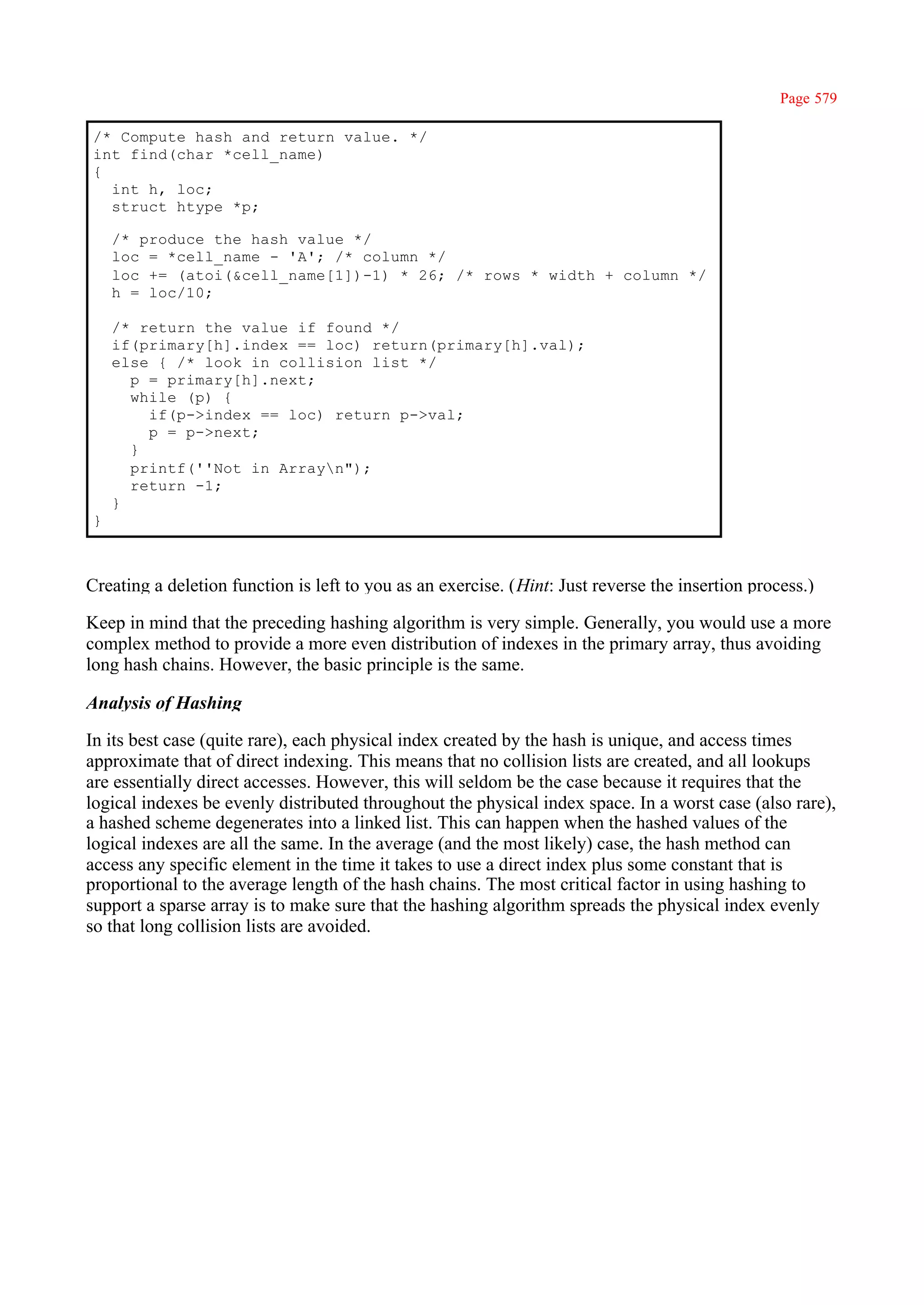 Page 579

/* Compute hash and return value. */
int find(char *cell_name)
{
  int h, loc;
  struct htype *p;

    /* produce the hash value */
    loc = *cell_name - 'A'; /* column */
    loc += (atoi(&cell_name[1])-1) * 26; /* rows * width + column */
    h = loc/10;

    /* return the value if found */
    if(primary[h].index == loc) return(primary[h].val);
    else { /* look in collision list */
      p = primary[h].next;
      while (p) {
        if(p->index == loc) return p->val;
        p = p->next;
      }
      printf(''Not in Arrayn");
      return -1;
    }
}



Creating a deletion function is left to you as an exercise. (Hint: Just reverse the insertion process.)

Keep in mind that the preceding hashing algorithm is very simple. Generally, you would use a more
complex method to provide a more even distribution of indexes in the primary array, thus avoiding
long hash chains. However, the basic principle is the same.

Analysis of Hashing

In its best case (quite rare), each physical index created by the hash is unique, and access times
approximate that of direct indexing. This means that no collision lists are created, and all lookups
are essentially direct accesses. However, this will seldom be the case because it requires that the
logical indexes be evenly distributed throughout the physical index space. In a worst case (also rare),
a hashed scheme degenerates into a linked list. This can happen when the hashed values of the
logical indexes are all the same. In the average (and the most likely) case, the hash method can
access any specific element in the time it takes to use a direct index plus some constant that is
proportional to the average length of the hash chains. The most critical factor in using hashing to
support a sparse array is to make sure that the hashing algorithm spreads the physical index evenly
so that long collision lists are avoided.
 