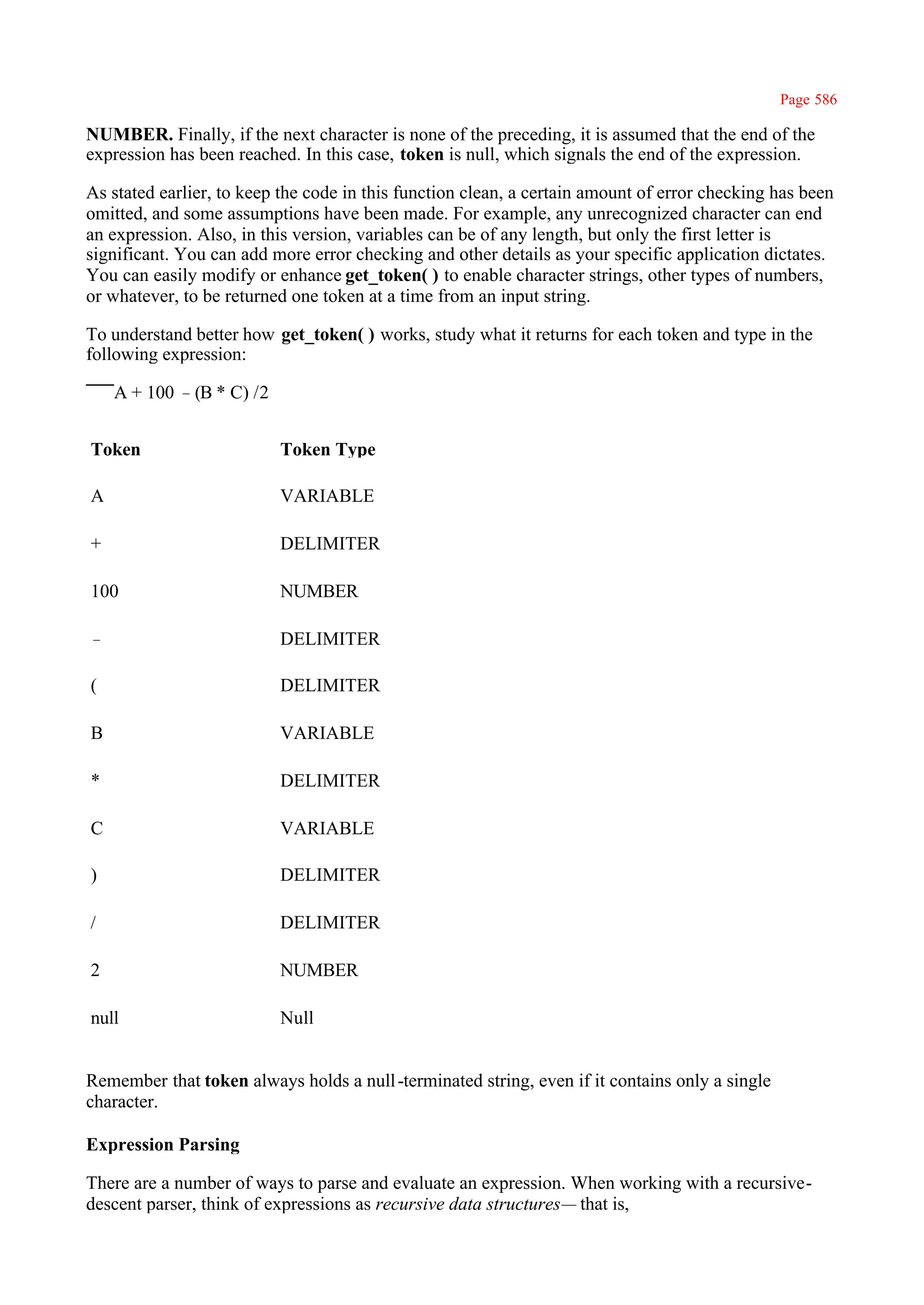 Page 586

NUMBER. Finally, if the next character is none of the preceding, it is assumed that the end of the
expression has been reached. In this case, token is null, which signals the end of the expression.

As stated earlier, to keep the code in this function clean, a certain amount of error checking has been
omitted, and some assumptions have been made. For example, any unrecognized character can end
an expression. Also, in this version, variables can be of any length, but only the first letter is
significant. You can add more error checking and other details as your specific application dictates.
You can easily modify or enhance get_token( ) to enable character strings, other types of numbers,
or whatever, to be returned one token at a time from an input string.

To understand better how get_token( ) works, study what it returns for each token and type in the
following expression:

    A + 100 –(B * C) /2


Token                     Token Type

A                         VARIABLE

+                         DELIMITER

100                       NUMBER

–                         DELIMITER

(                         DELIMITER

B                         VARIABLE

*                         DELIMITER

C                         VARIABLE

)                         DELIMITER

/                         DELIMITER

2                         NUMBER

null                      Null


Remember that token always holds a null -terminated string, even if it contains only a single
character.

Expression Parsing

There are a number of ways to parse and evaluate an expression. When working with a recursive-
descent parser, think of expressions as recursive data structures— that is,
 