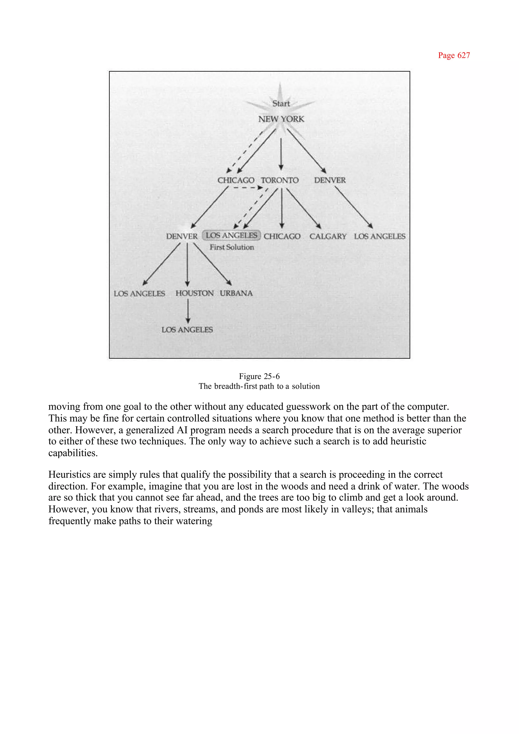 Page 627




                                               Figure 25-6
                                    The breadth-first path to a solution

moving from one goal to the other without any educated guesswork on the part of the computer.
This may be fine for certain controlled situations where you know that one method is better than the
other. However, a generalized AI program needs a search procedure that is on the average superior
to either of these two techniques. The only way to achieve such a search is to add heuristic
capabilities.

Heuristics are simply rules that qualify the possibility that a search is proceeding in the correct
direction. For example, imagine that you are lost in the woods and need a drink of water. The woods
are so thick that you cannot see far ahead, and the trees are too big to climb and get a look around.
However, you know that rivers, streams, and ponds are most likely in valleys; that animals
frequently make paths to their watering
 